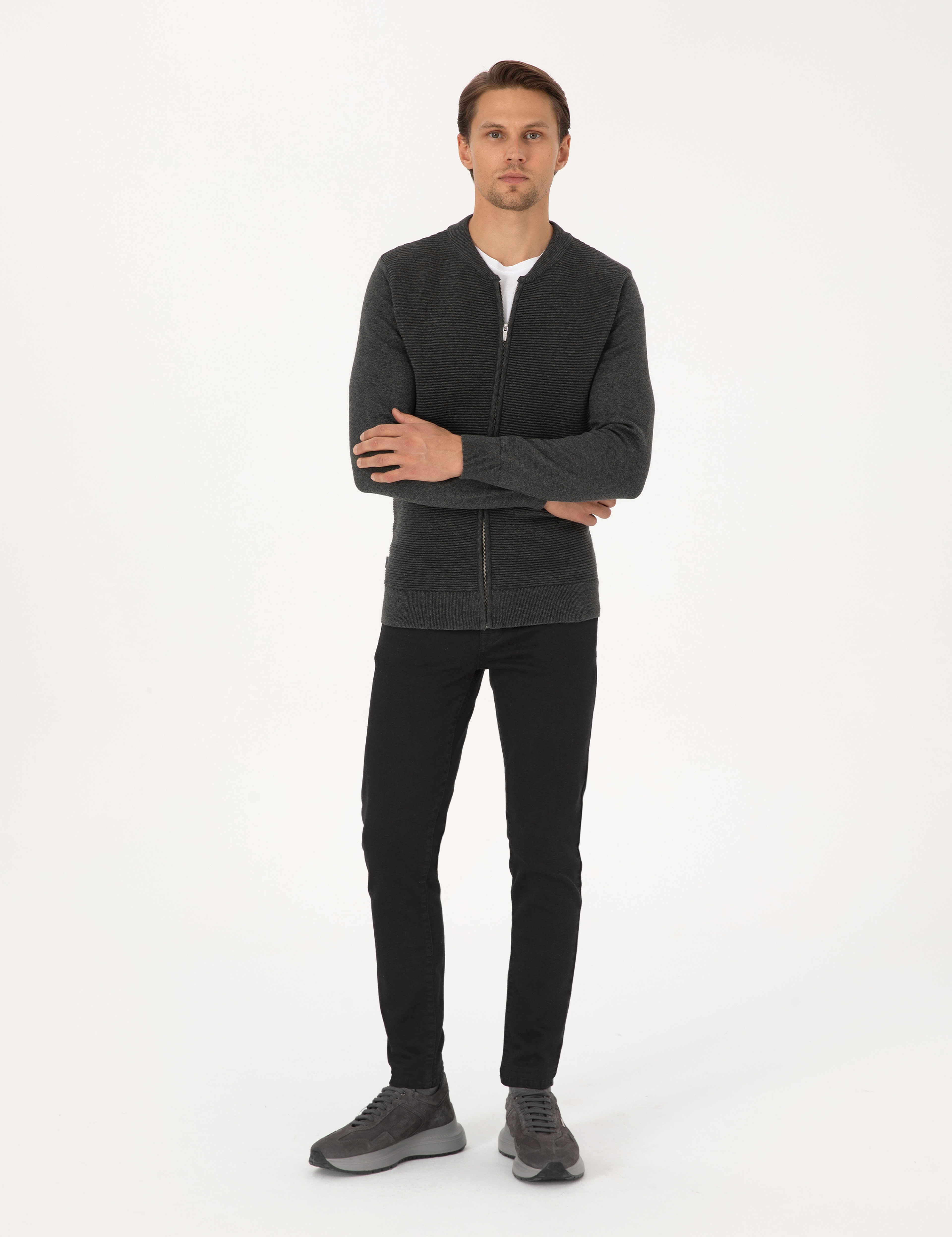 Açık Gri Melanj Slim Fit Fermuarlı Triko Hırka - Image 4
