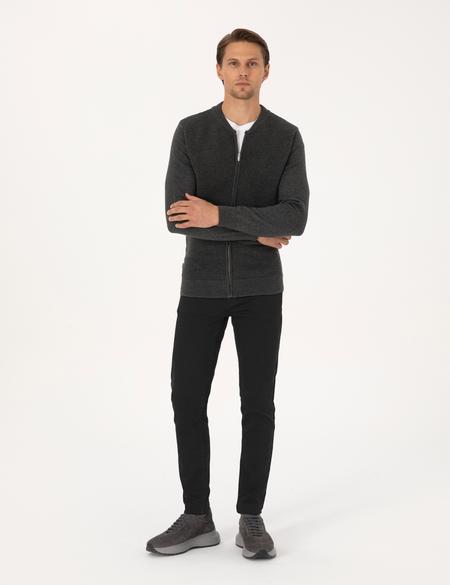 Açık Gri Melanj Slim Fit Fermuarlı Triko Hırka - 50317333036