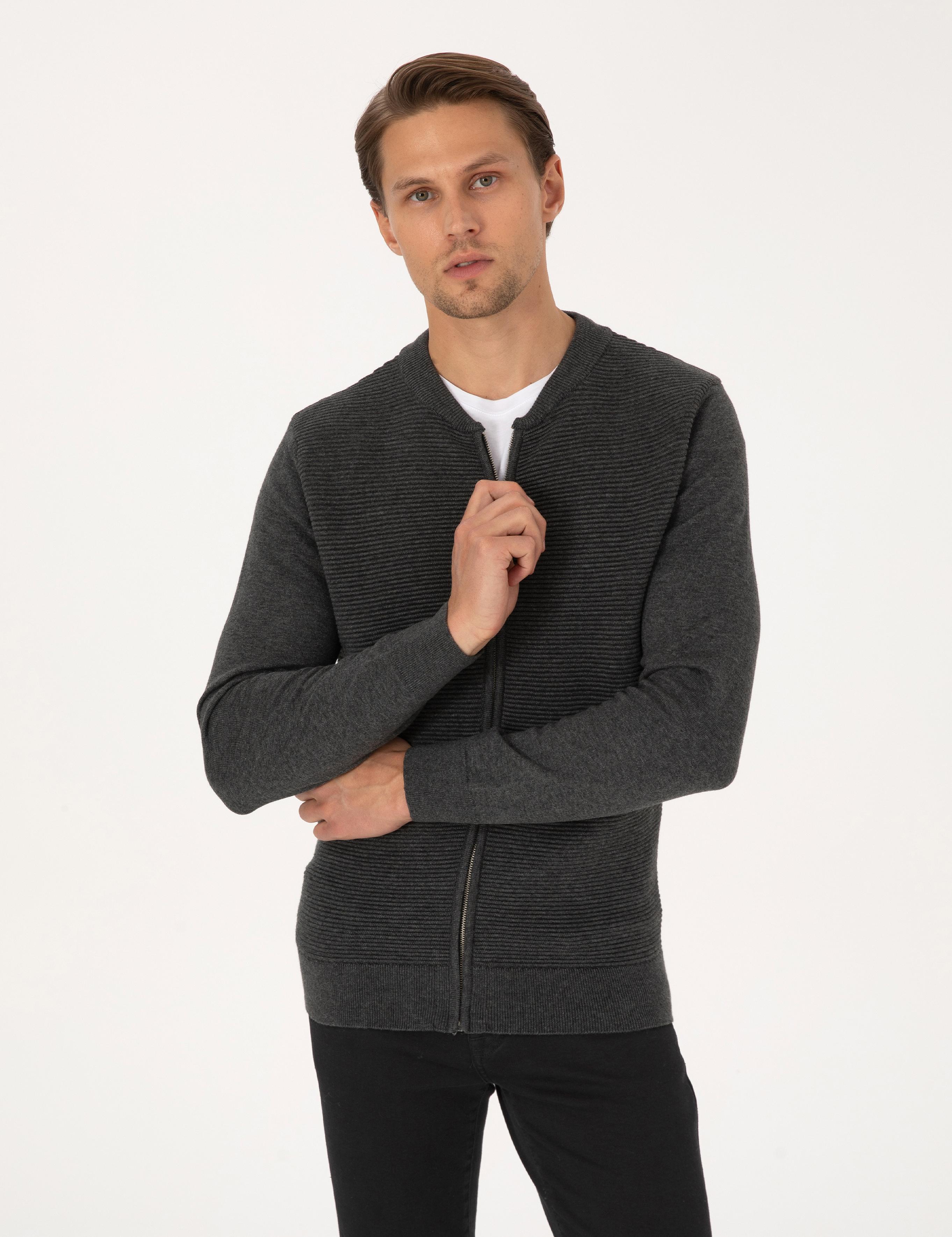 Açık Gri Melanj Slim Fit Fermuarlı Triko Hırka