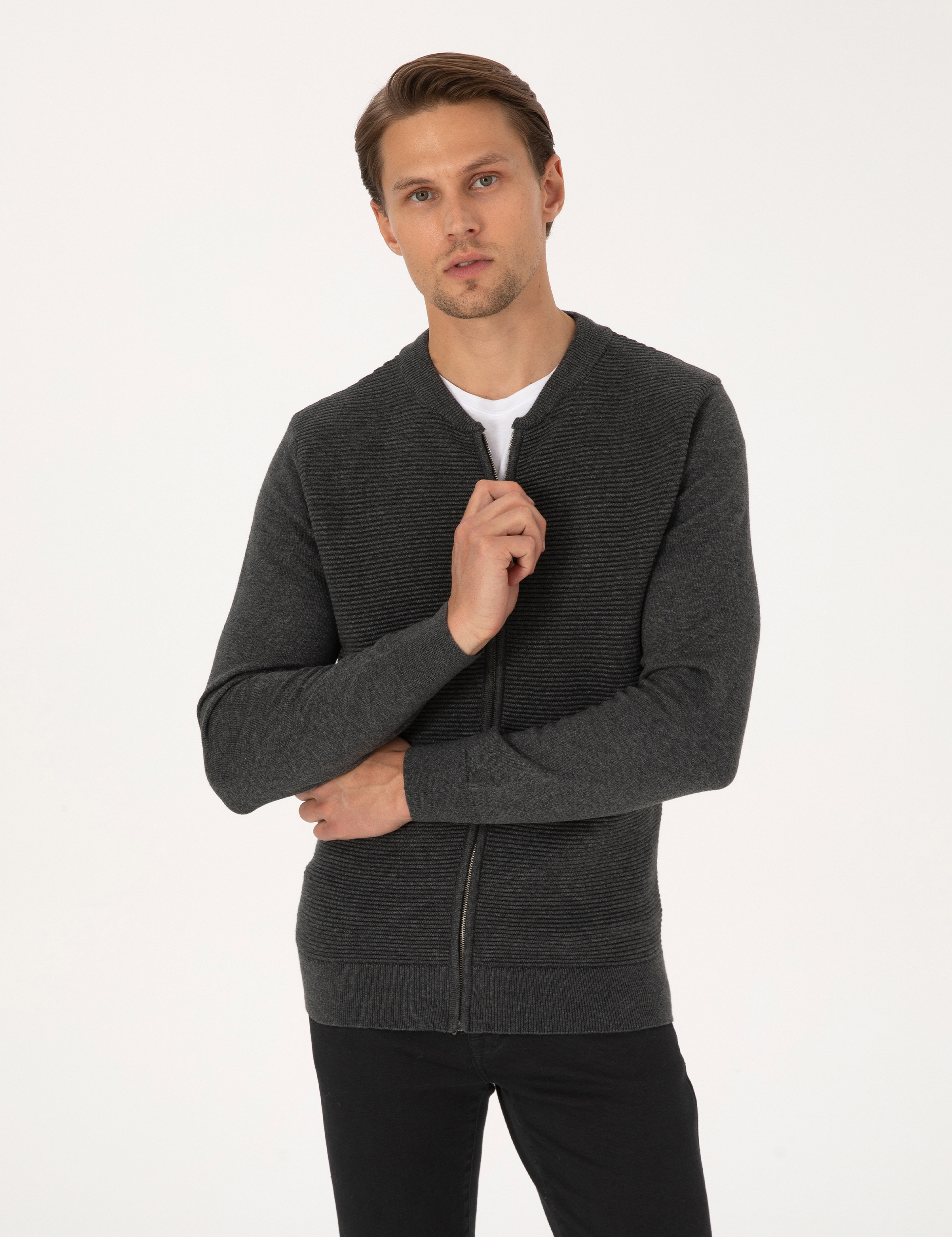 Açık Gri Melanj Slim Fit Fermuarlı Triko Hırka - Image 3