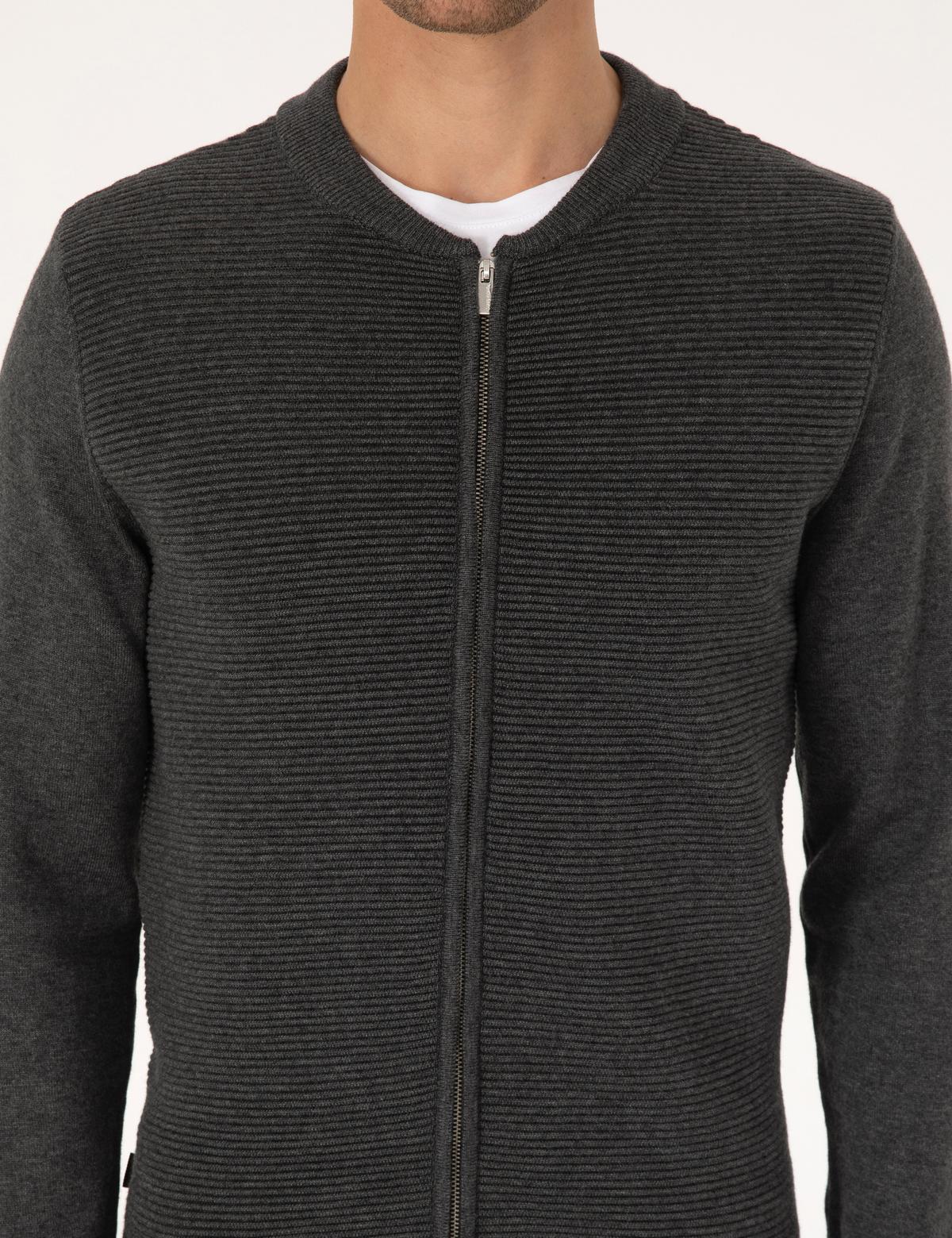 Açık Gri Melanj Slim Fit Fermuarlı Triko Hırka - 50317333036