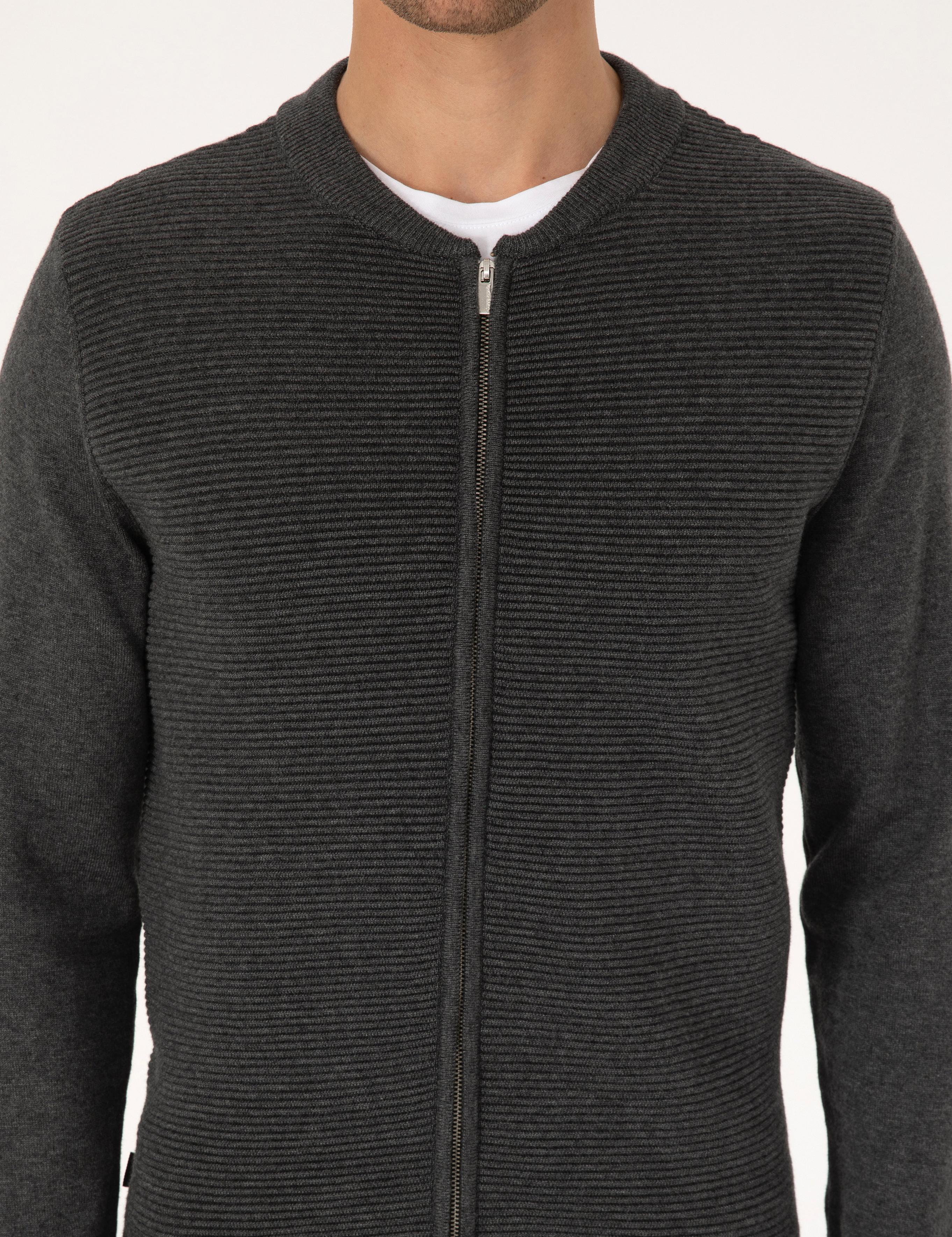 Açık Gri Melanj Slim Fit Fermuarlı Triko Hırka