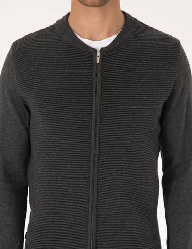 Açık Gri Melanj Slim Fit Fermuarlı Triko Hırka