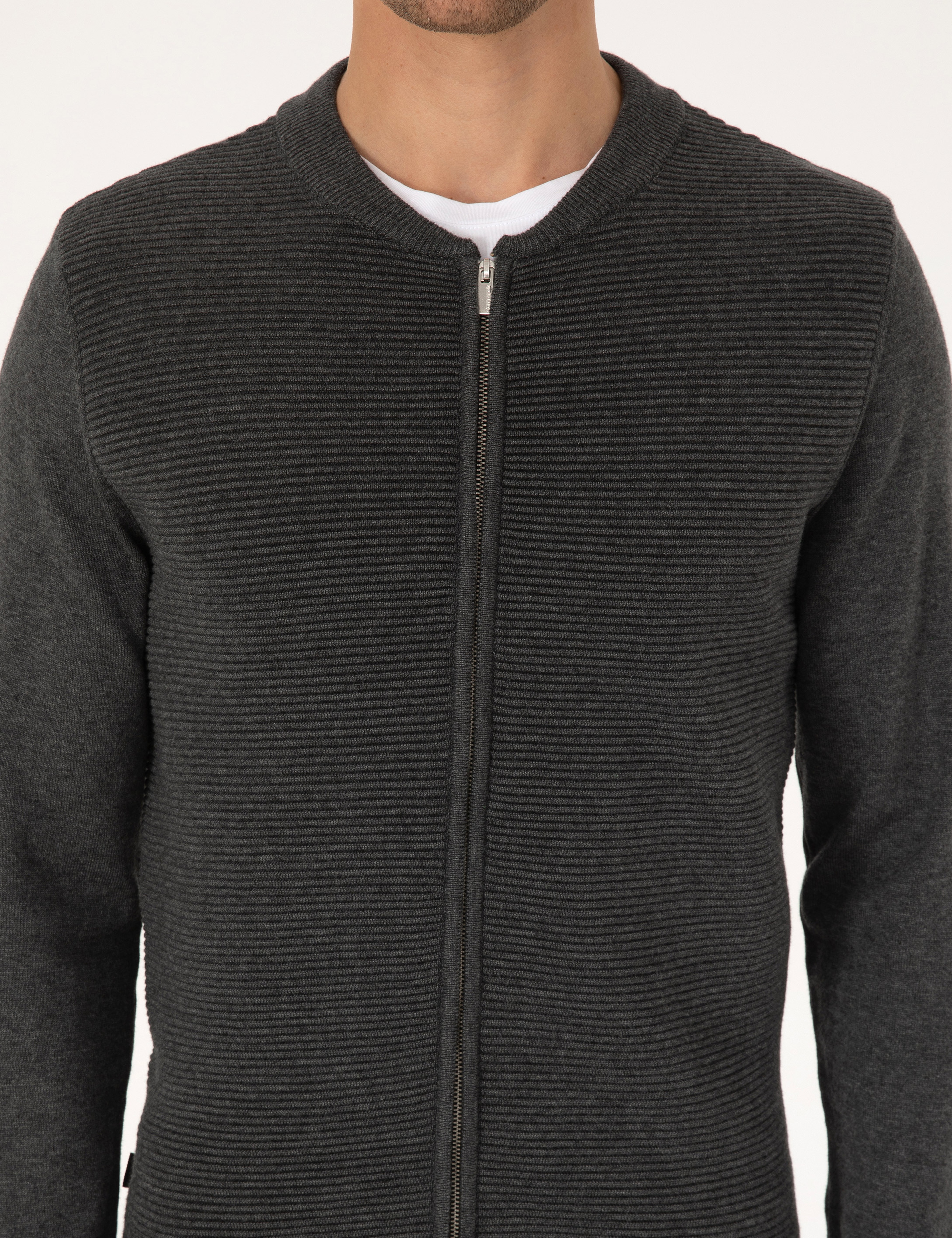 Açık Gri Melanj Slim Fit Fermuarlı Triko Hırka - Image 6