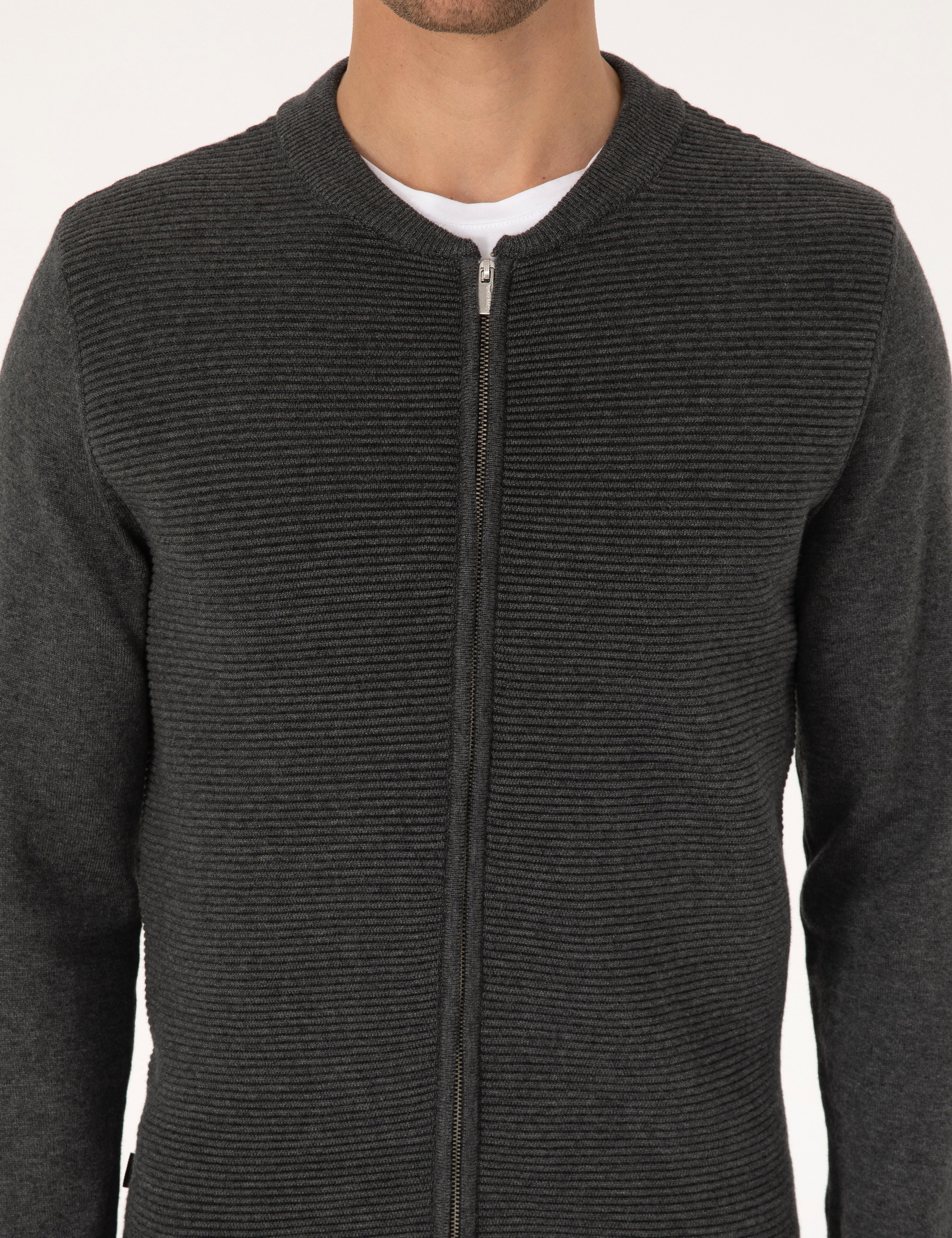 Açık Gri Melanj Slim Fit Fermuarlı Triko Hırka