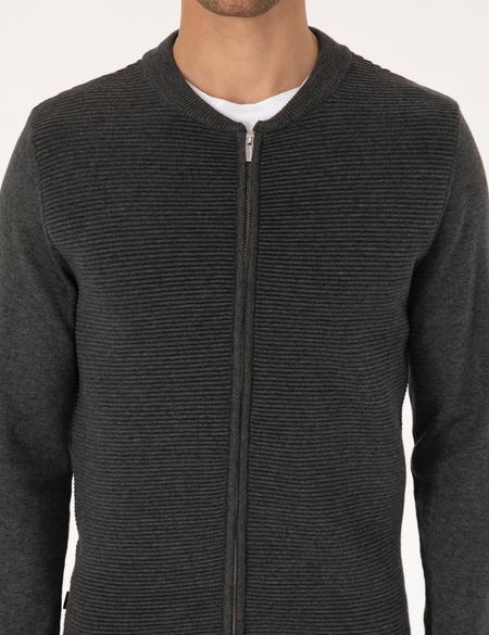 Açık Gri Melanj Slim Fit Fermuarlı Triko Hırka - 50317333036