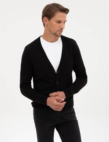 Siyah Slim Fit Basic Düğmeli Triko Hırka