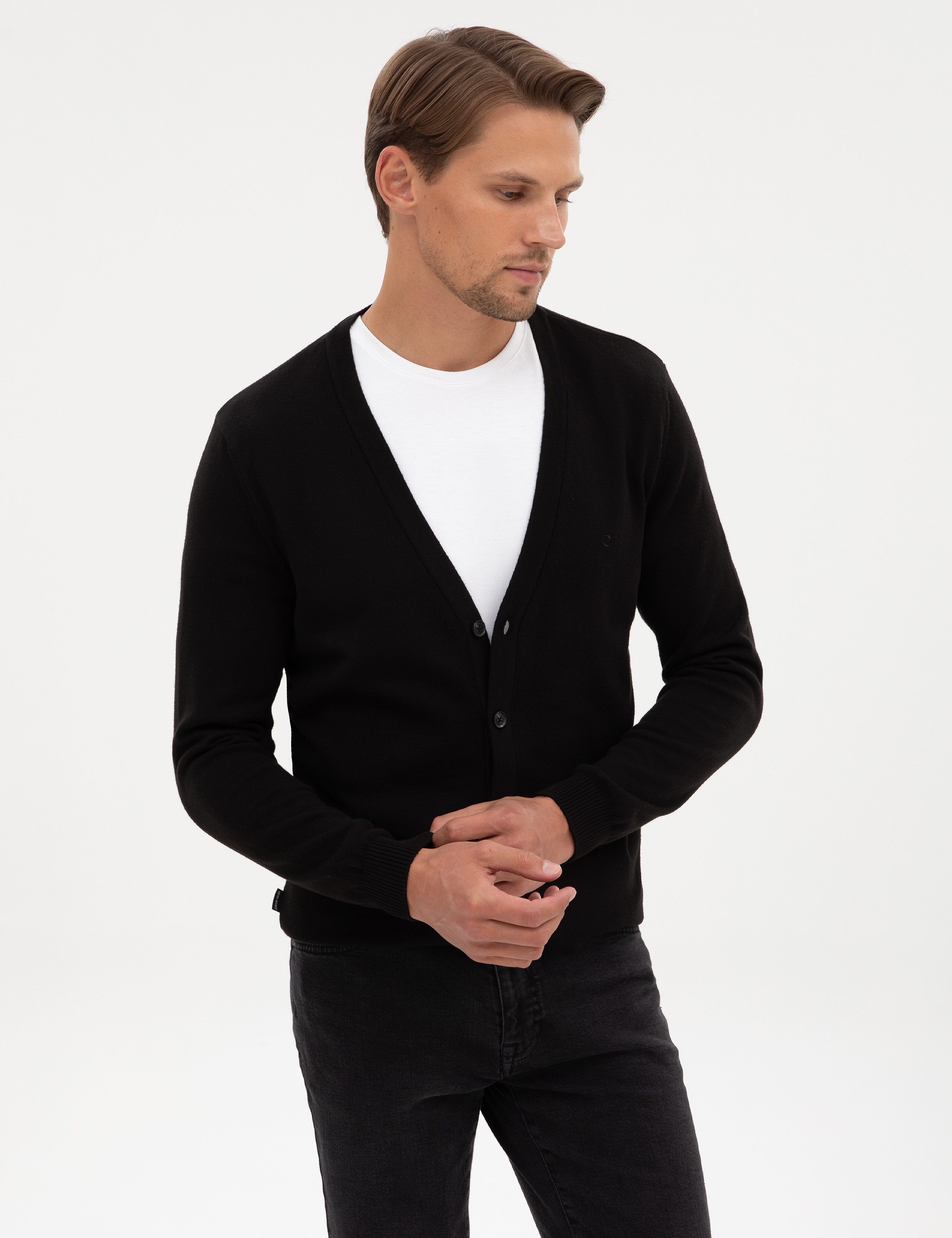 Siyah Slim Fit Basic Düğmeli Triko Hırka - Image 3