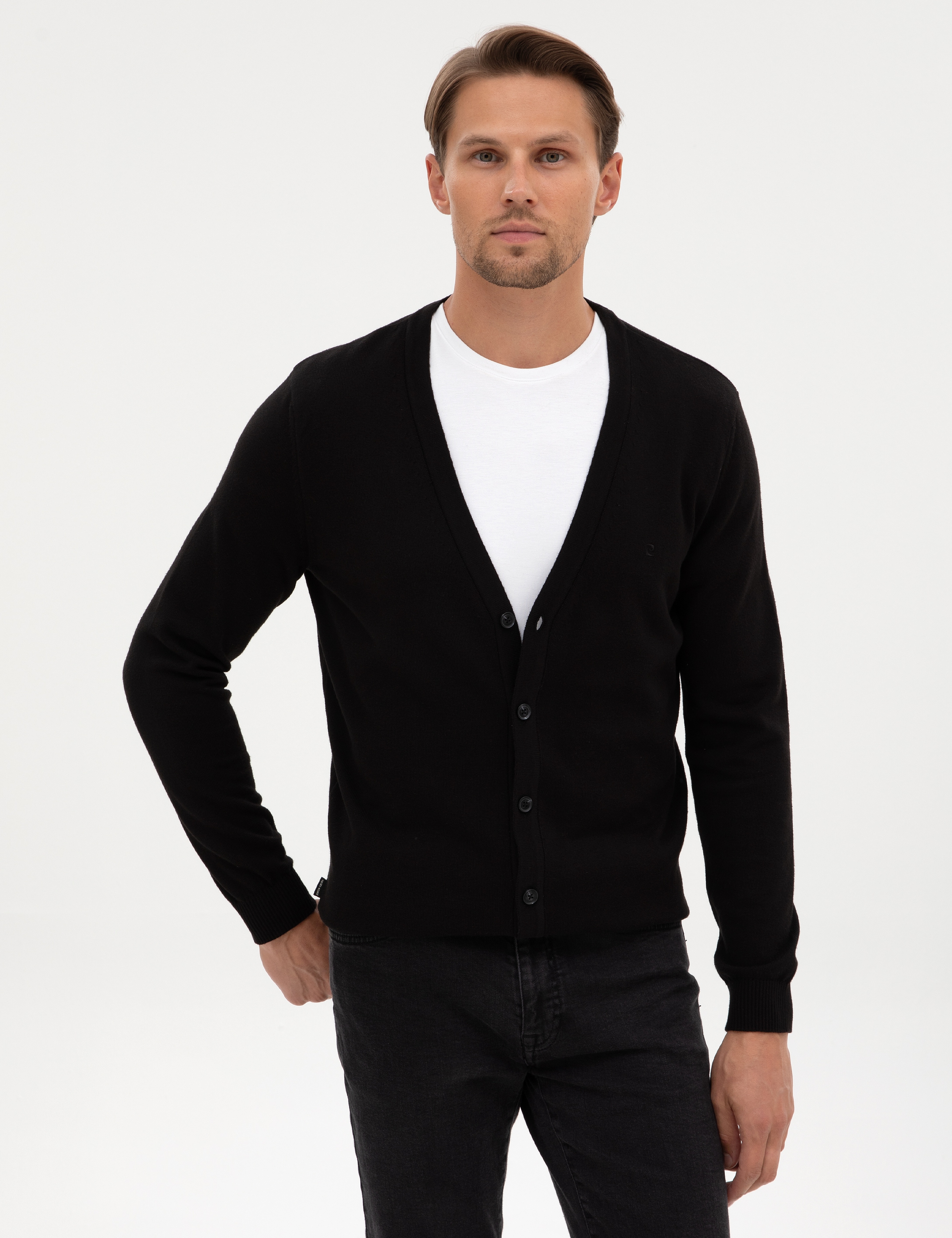 Siyah Slim Fit Basic Düğmeli Triko Hırka - Image 1