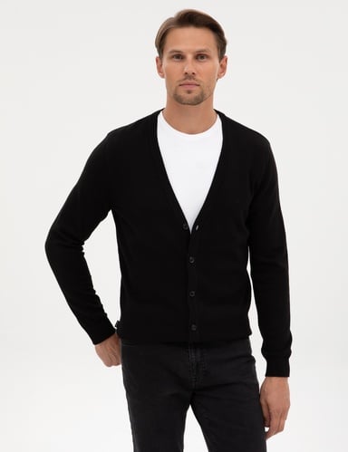 Siyah Slim Fit Basic Düğmeli Triko Hırka