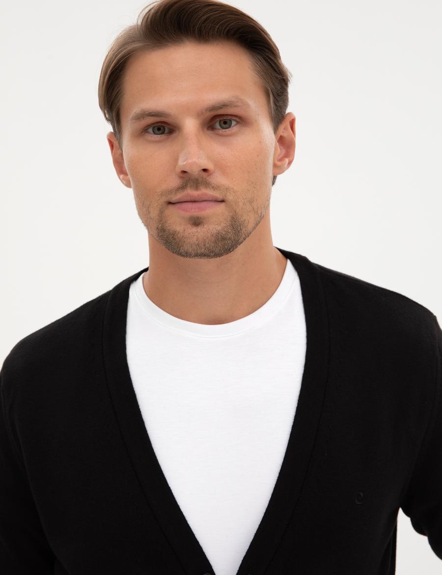 Siyah Slim Fit Basic Düğmeli Triko Hırka