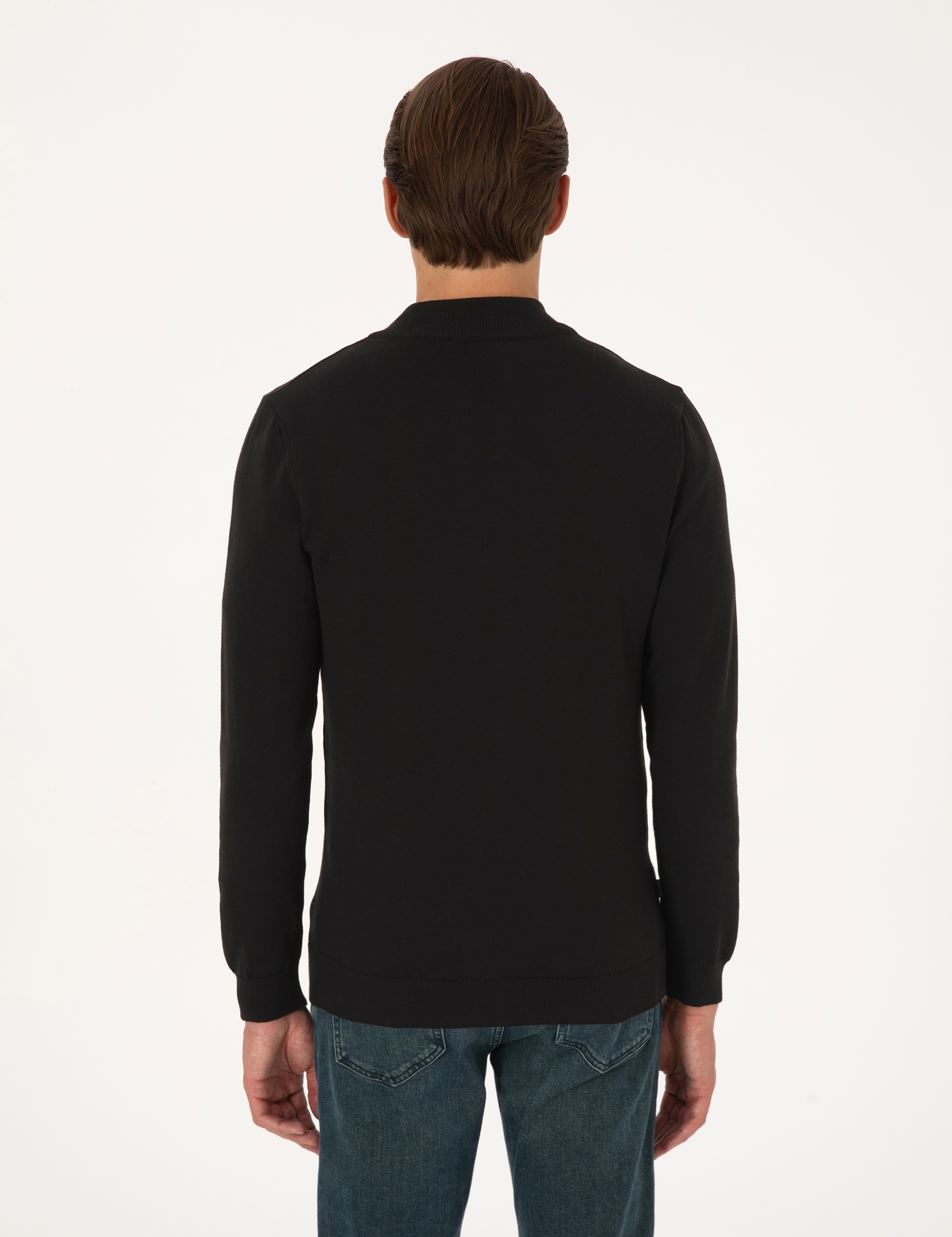 Siyah Slim Fit Fermuarlı Triko Hırka - Image 5