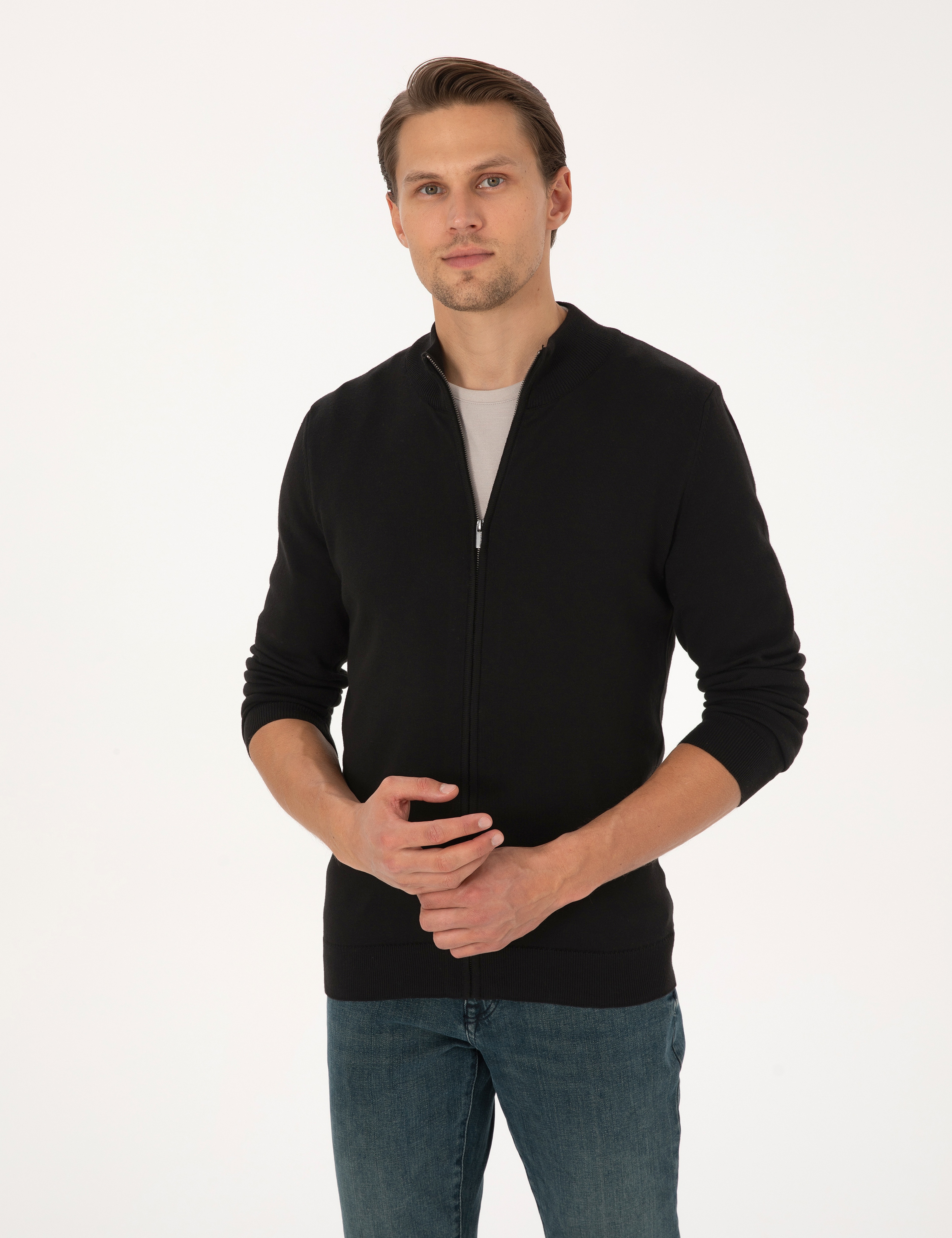 Siyah Slim Fit Fermuarlı Triko Hırka - Image 3