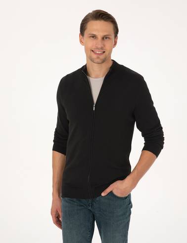 Siyah Slim Fit Fermuarlı Triko Hırka