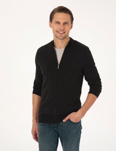 Siyah Slim Fit Fermuarlı Triko Hırka