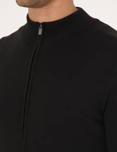 Siyah Slim Fit Fermuarlı Triko Hırka