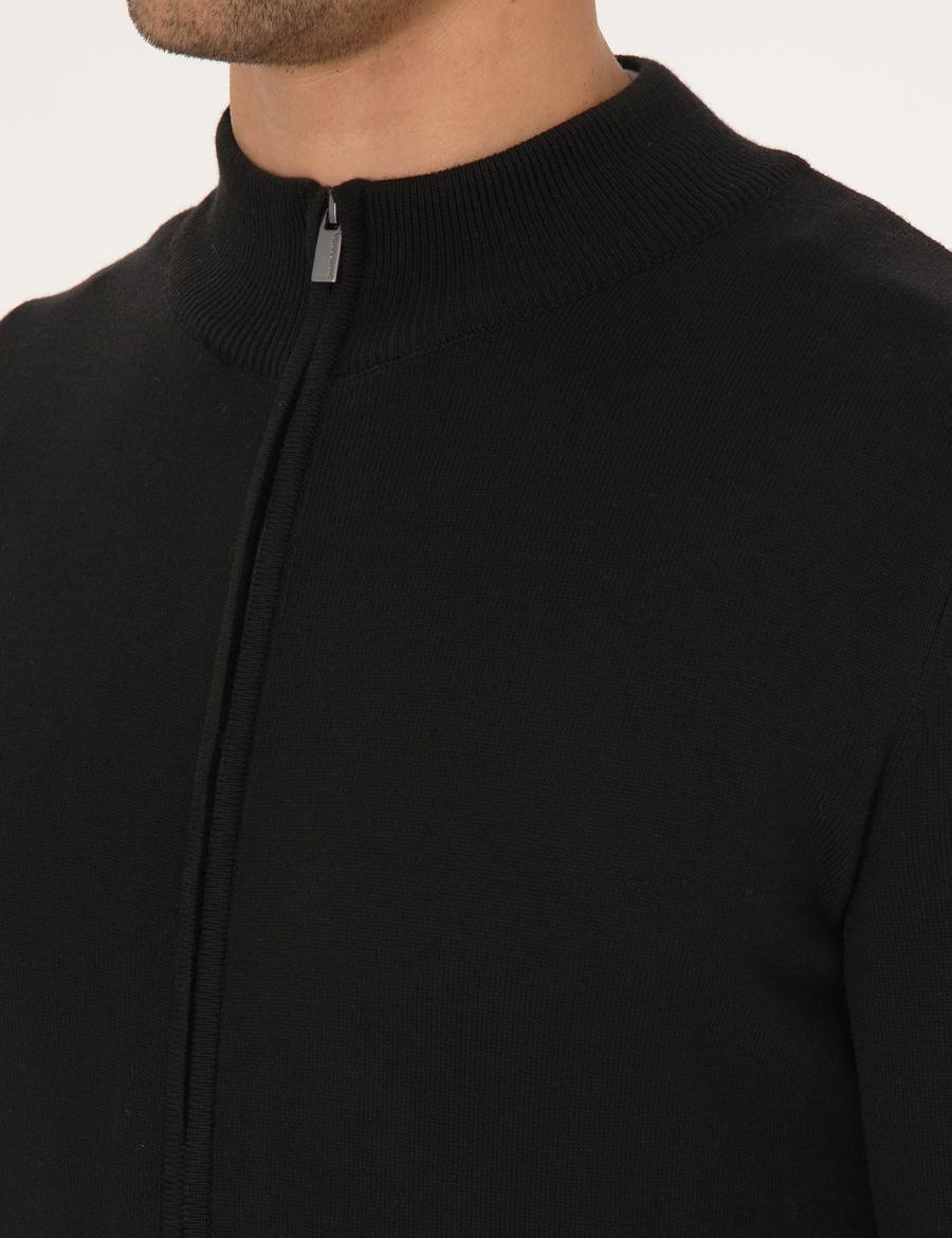 Siyah Slim Fit Fermuarlı Triko Hırka