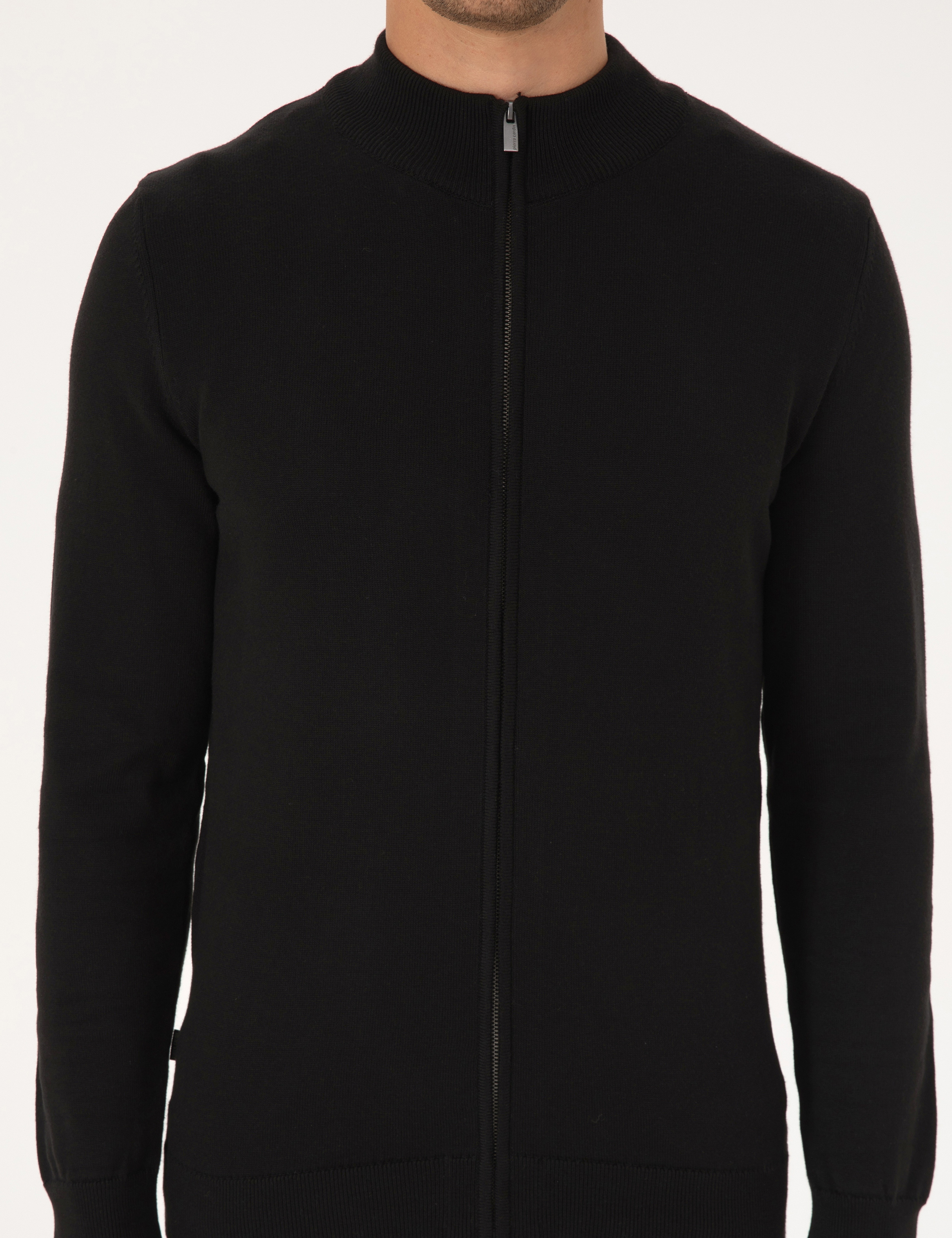 Siyah Slim Fit Fermuarlı Triko Hırka