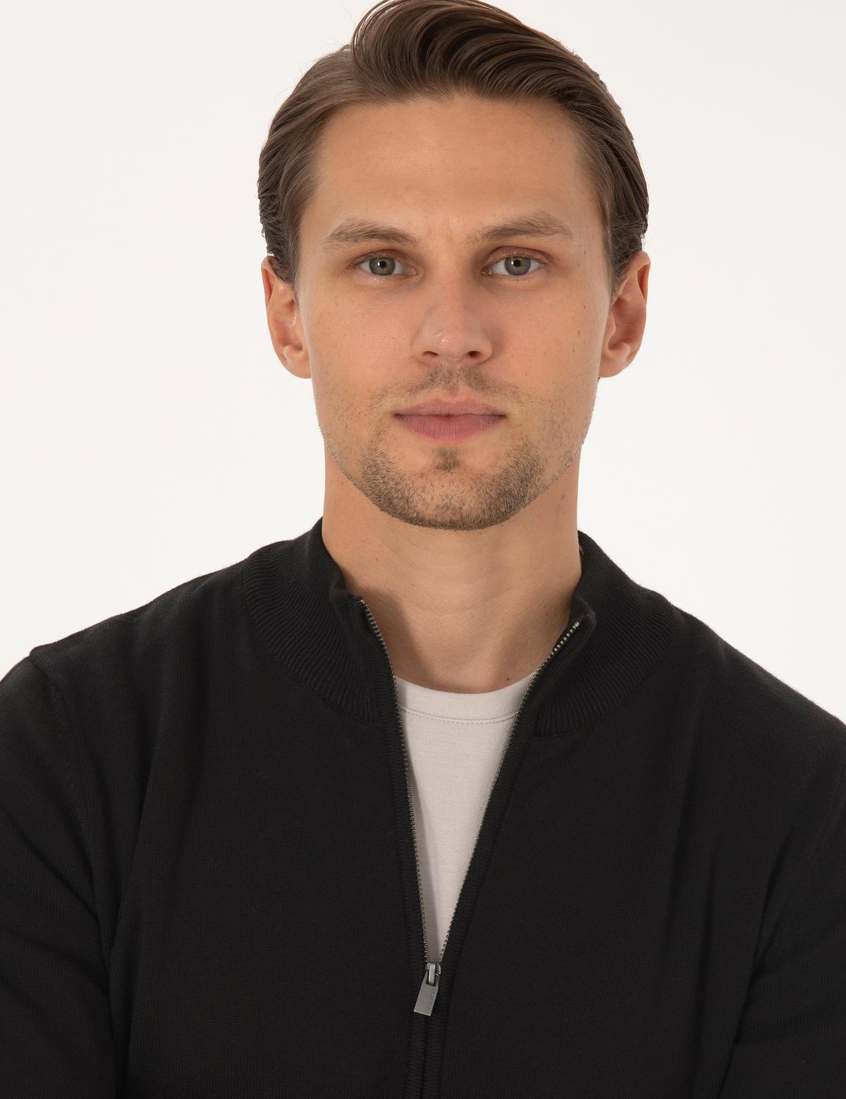 Siyah Slim Fit Fermuarlı Triko Hırka - 50317409013