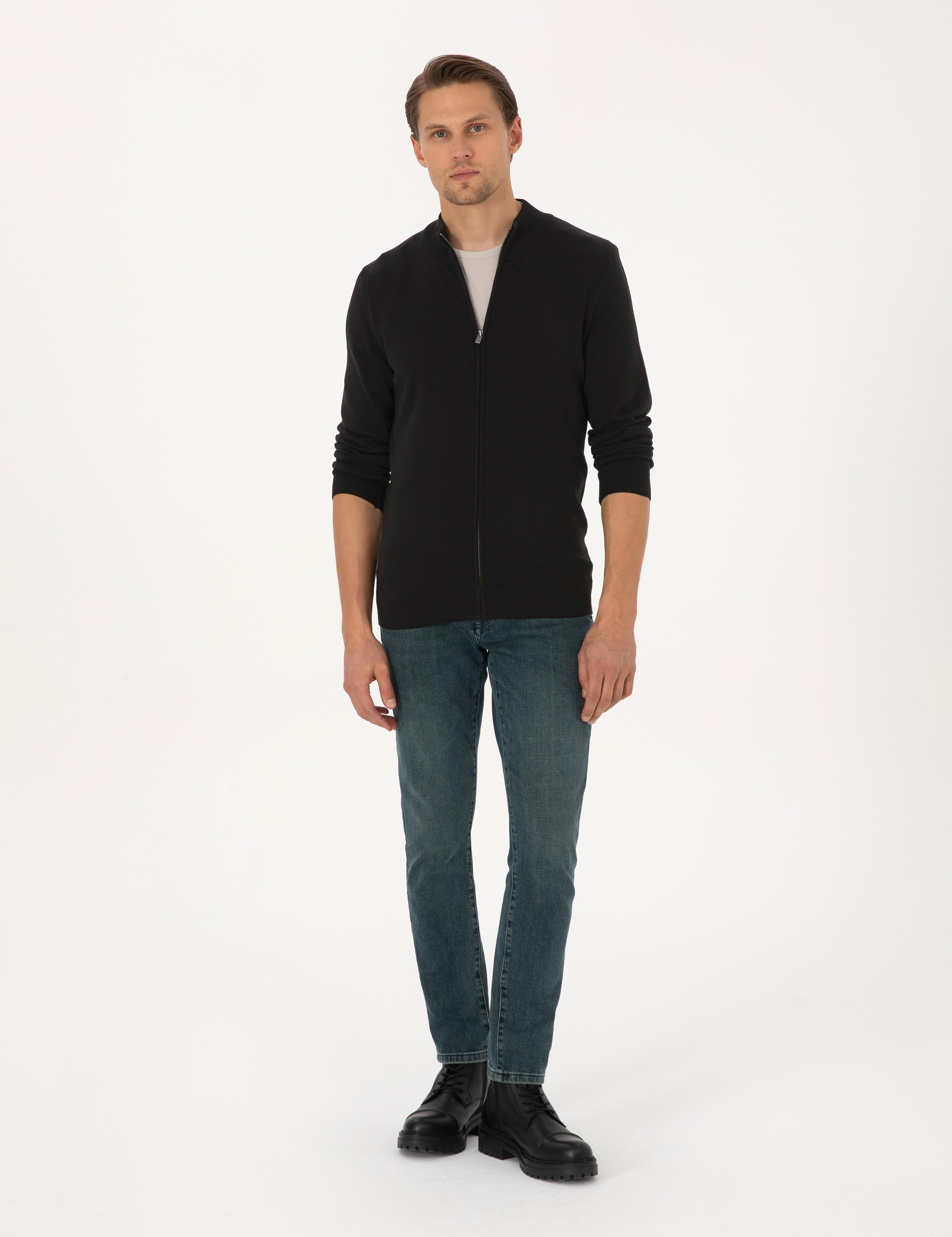 Siyah Slim Fit Fermuarlı Triko Hırka