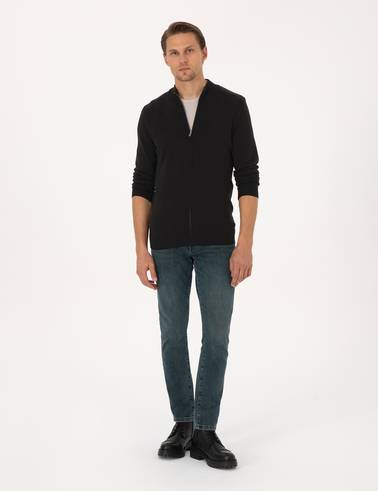 Siyah Slim Fit Fermuarlı Triko Hırka