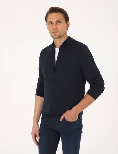 Lacivert Slim Fit Fermuarlı Triko Hırka