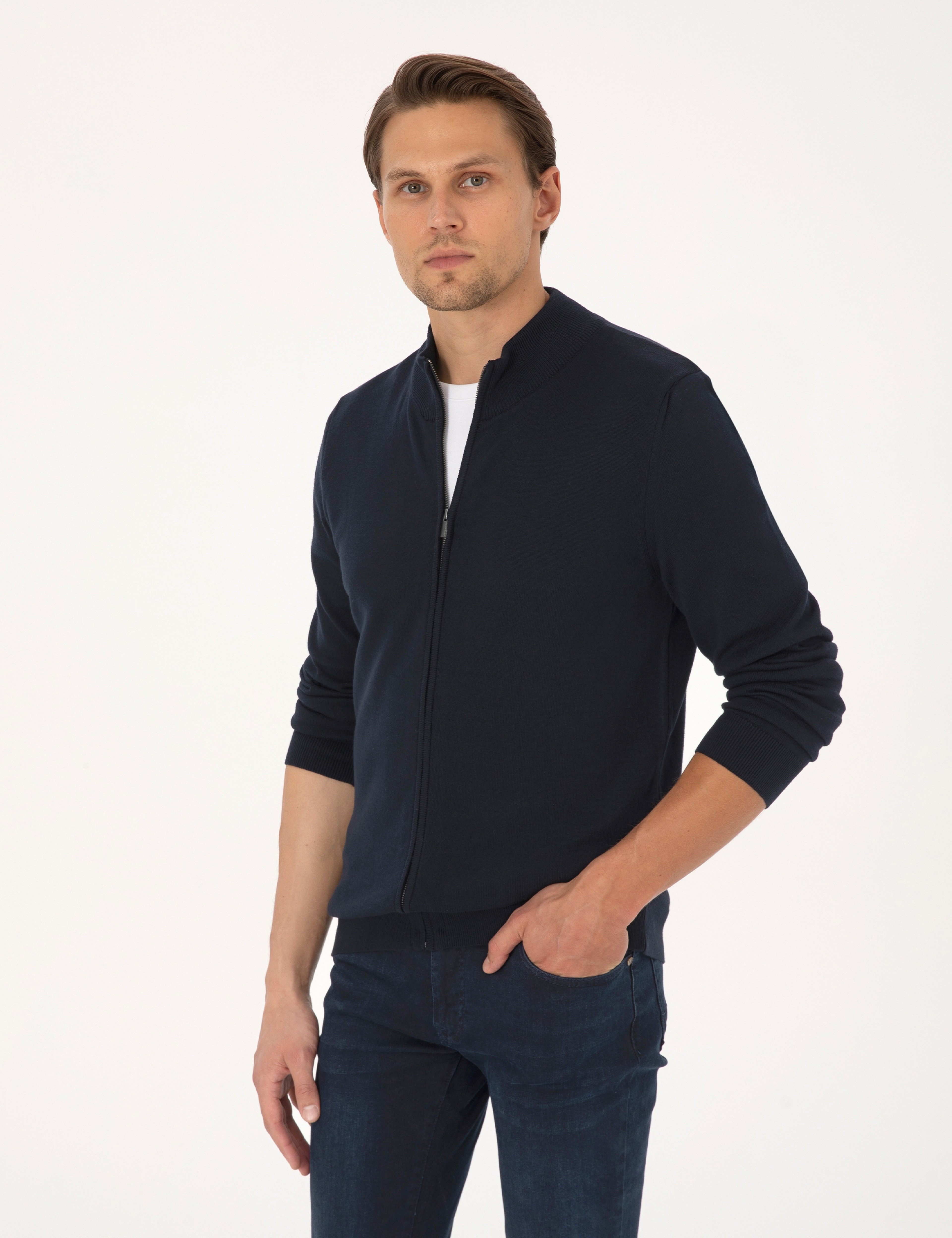 Lacivert Slim Fit Fermuarlı Triko Hırka - Image 3
