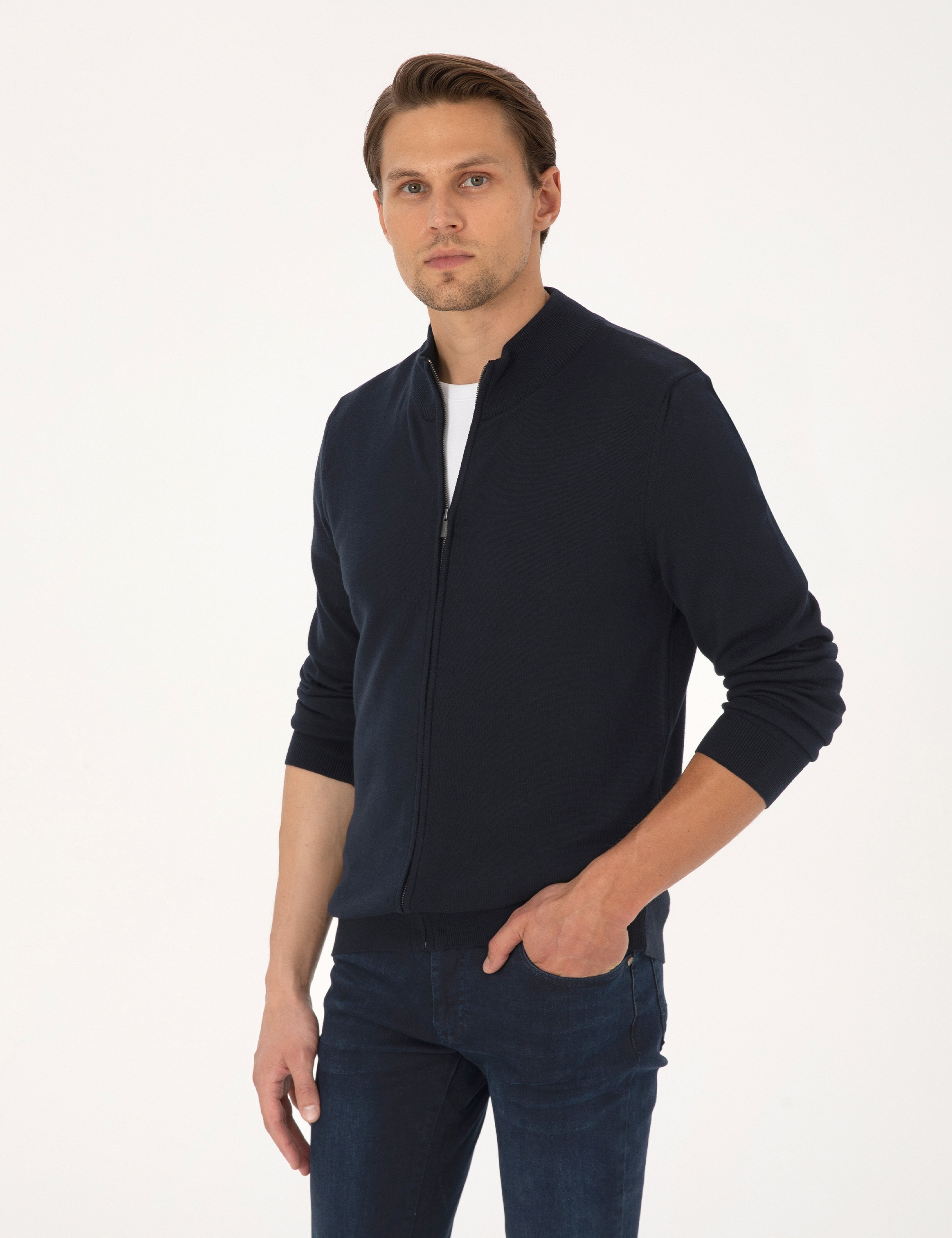 Lacivert Slim Fit Fermuarlı Triko Hırka