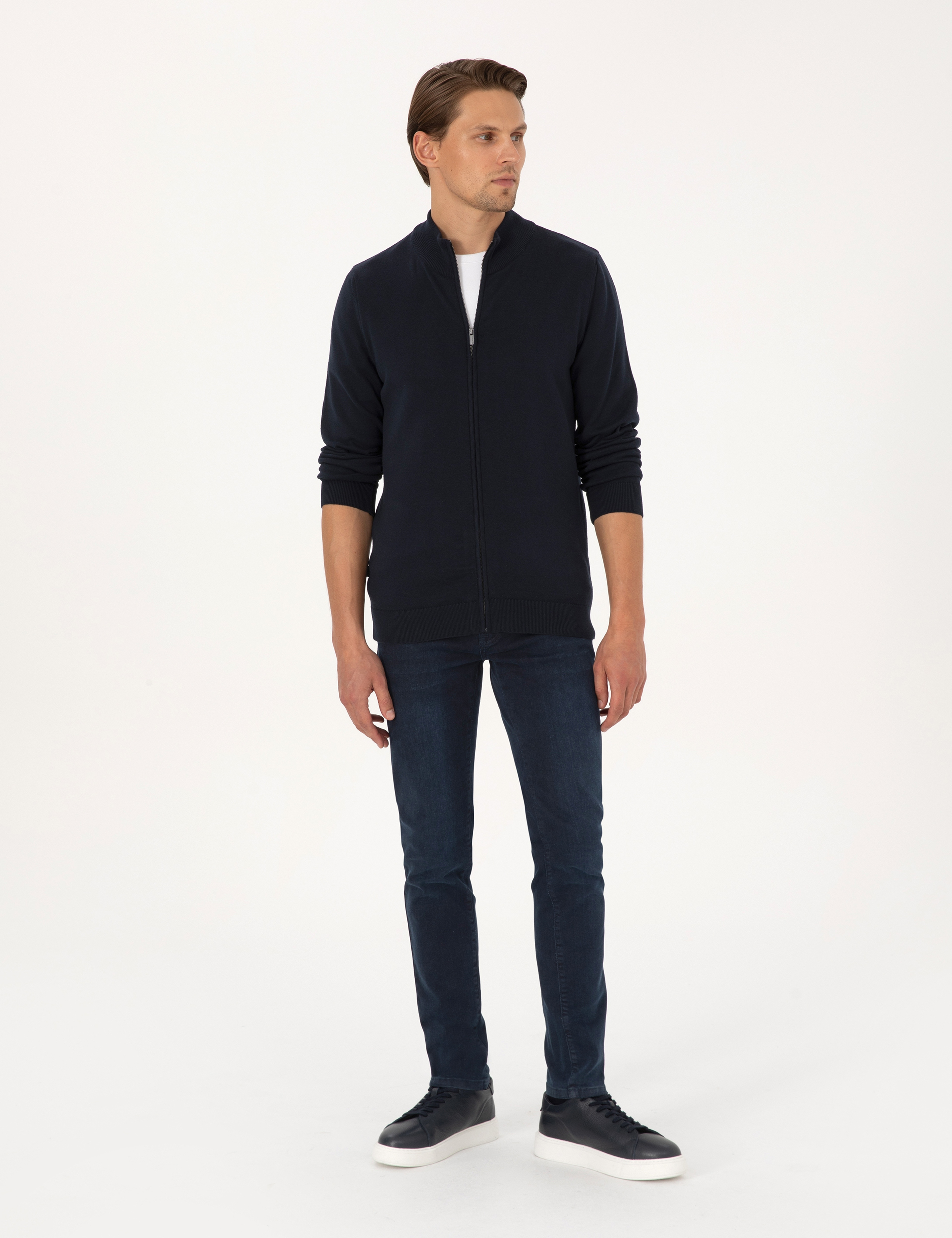 Lacivert Slim Fit Fermuarlı Triko Hırka - Image 4