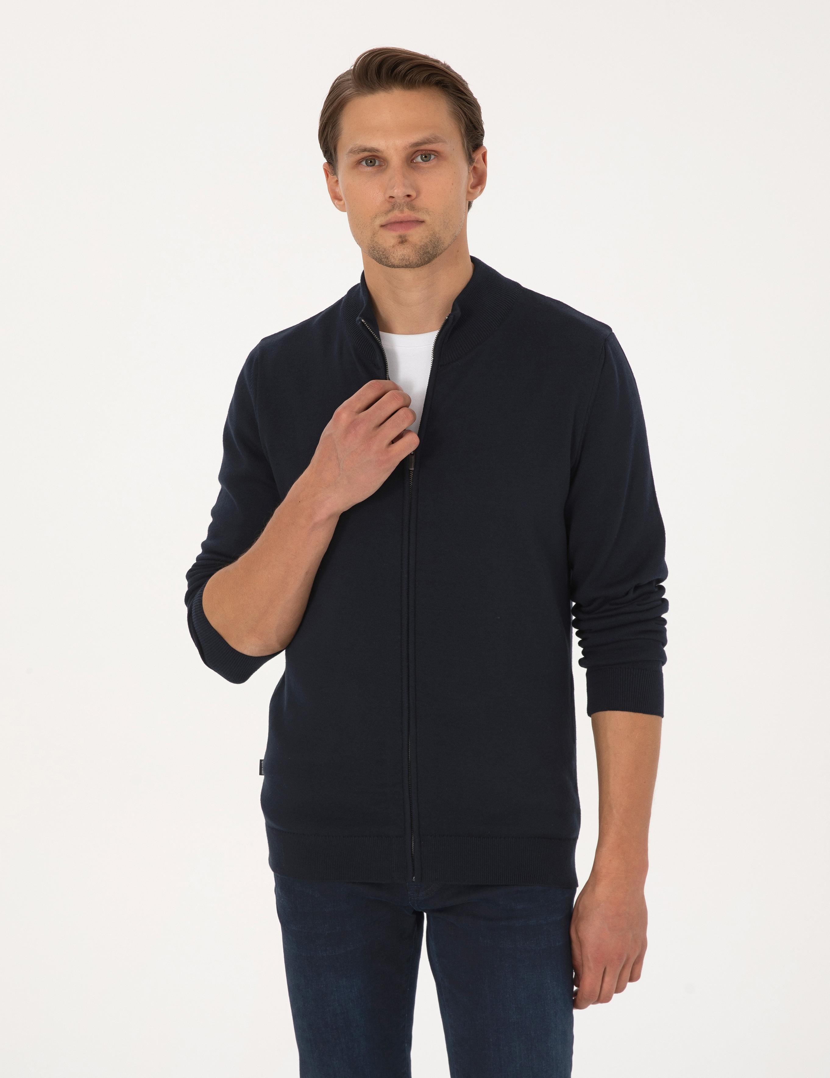 Lacivert Slim Fit Fermuarlı Triko Hırka