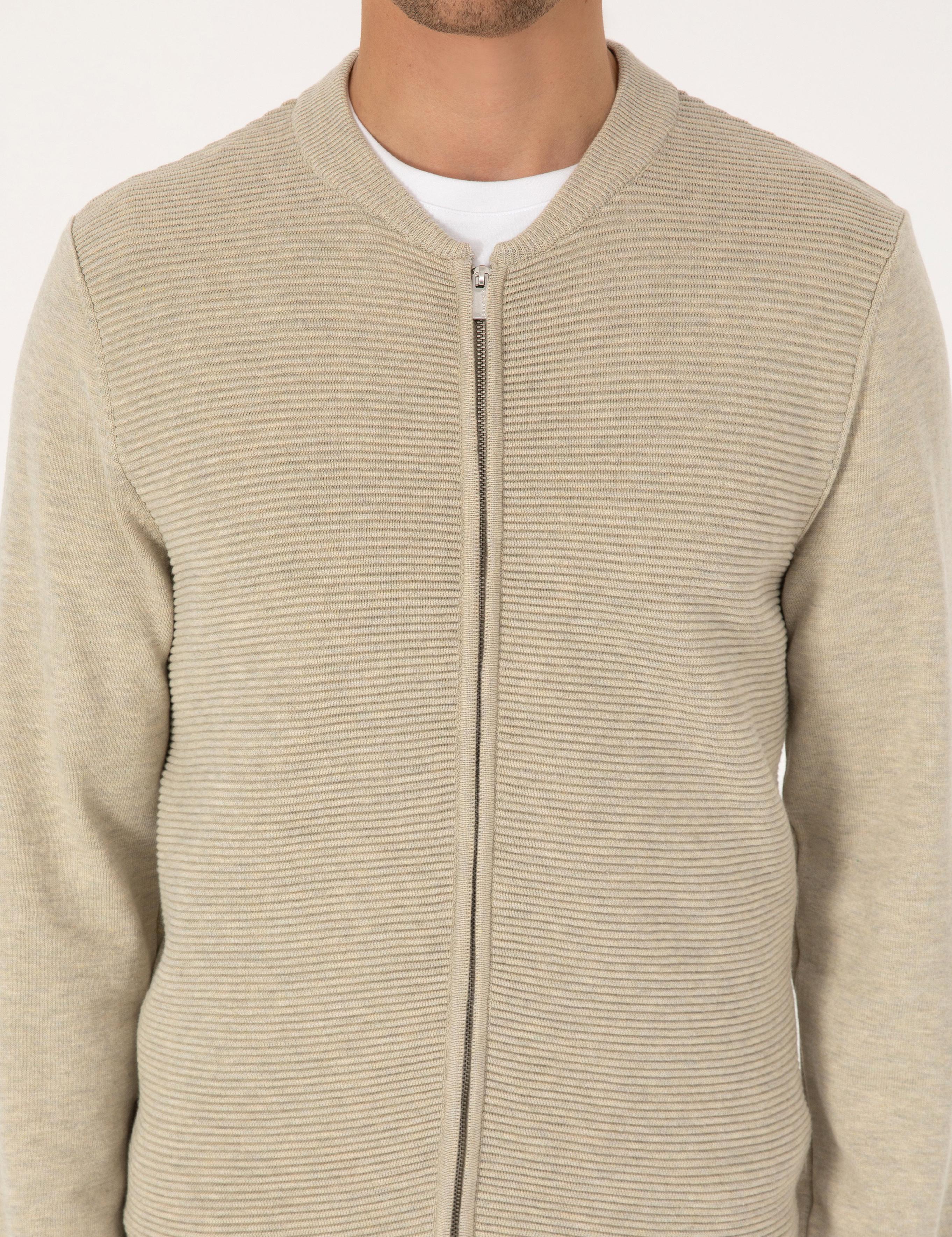 Kum Melanj Slim Fit Fermuarlı Triko Hırka