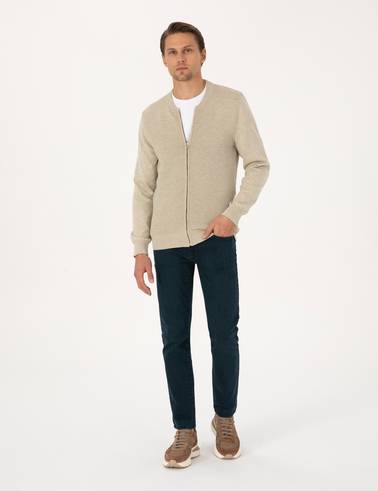 Kum Melanj Slim Fit Fermuarlı Triko Hırka