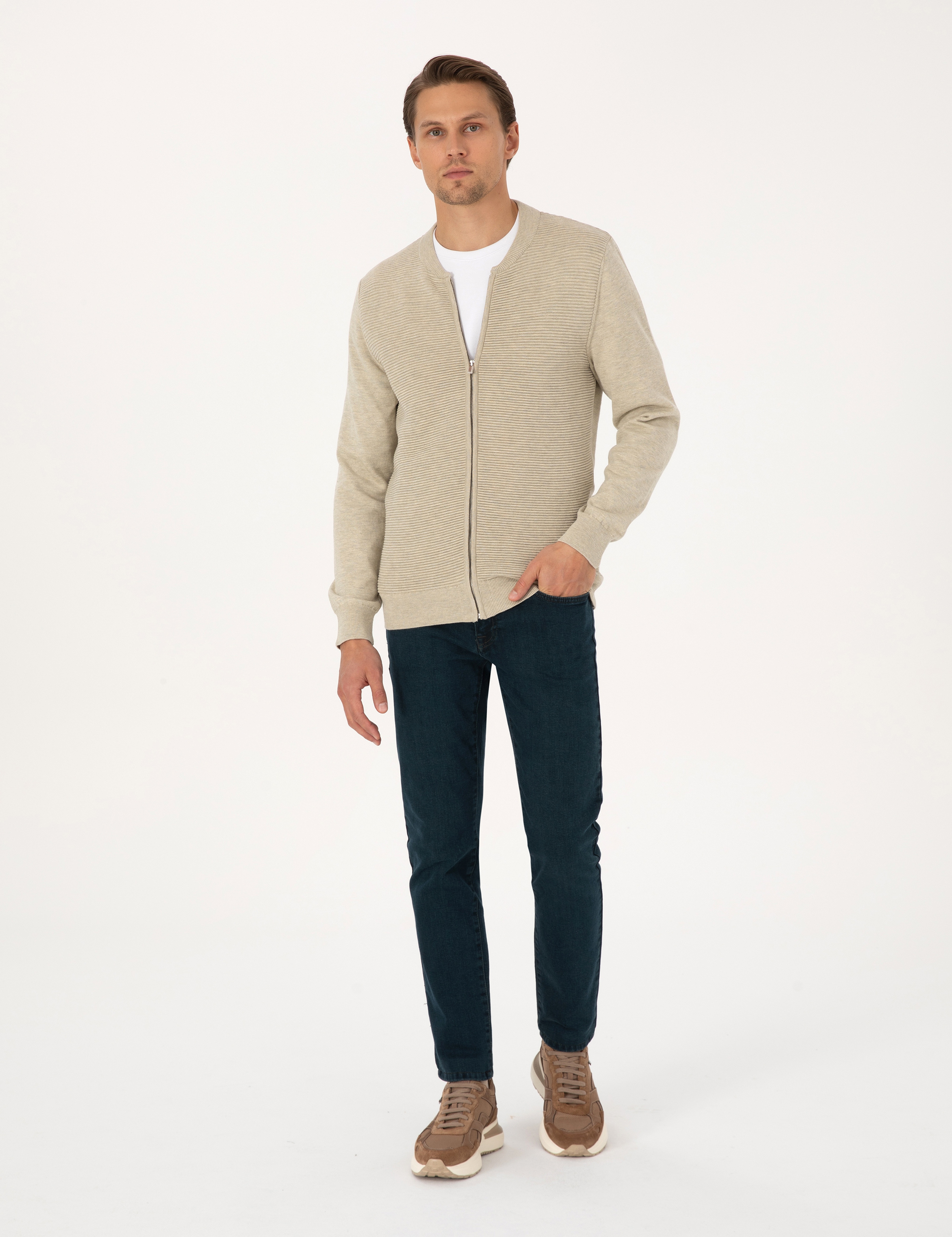 Kum Melanj Slim Fit Fermuarlı Triko Hırka - Image 4