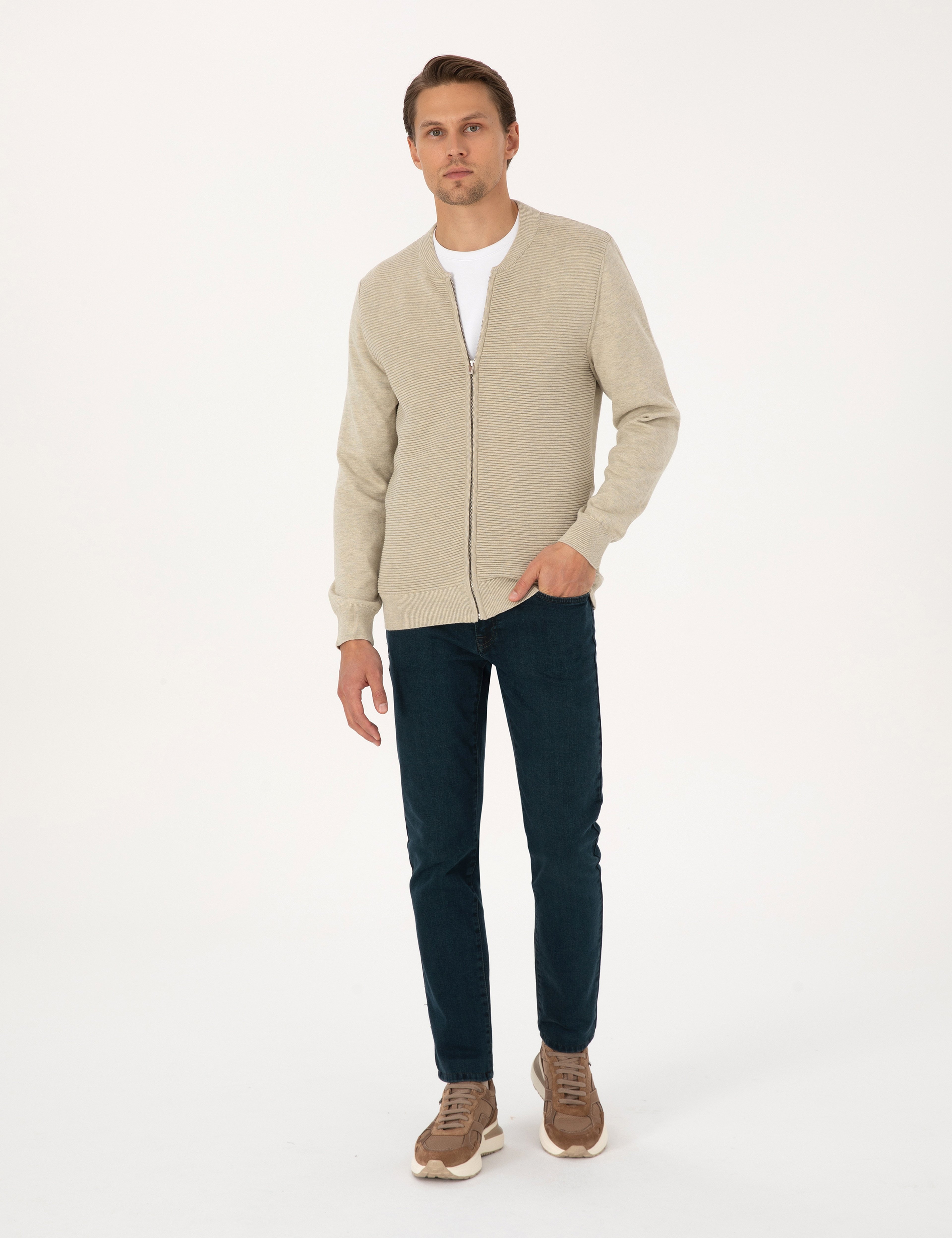 Kum Melanj Slim Fit Fermuarlı Triko Hırka