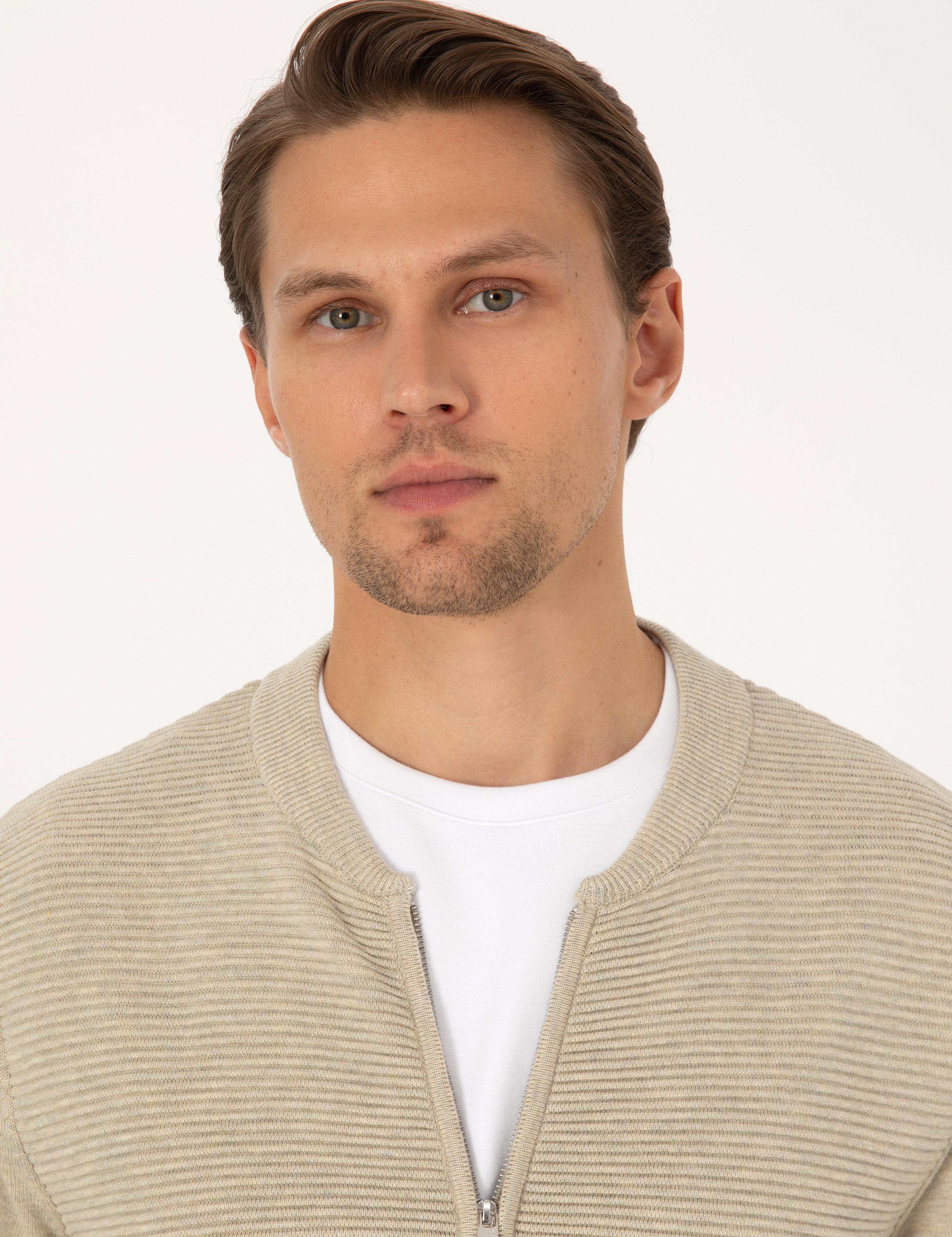 Kum Melanj Slim Fit Fermuarlı Triko Hırka