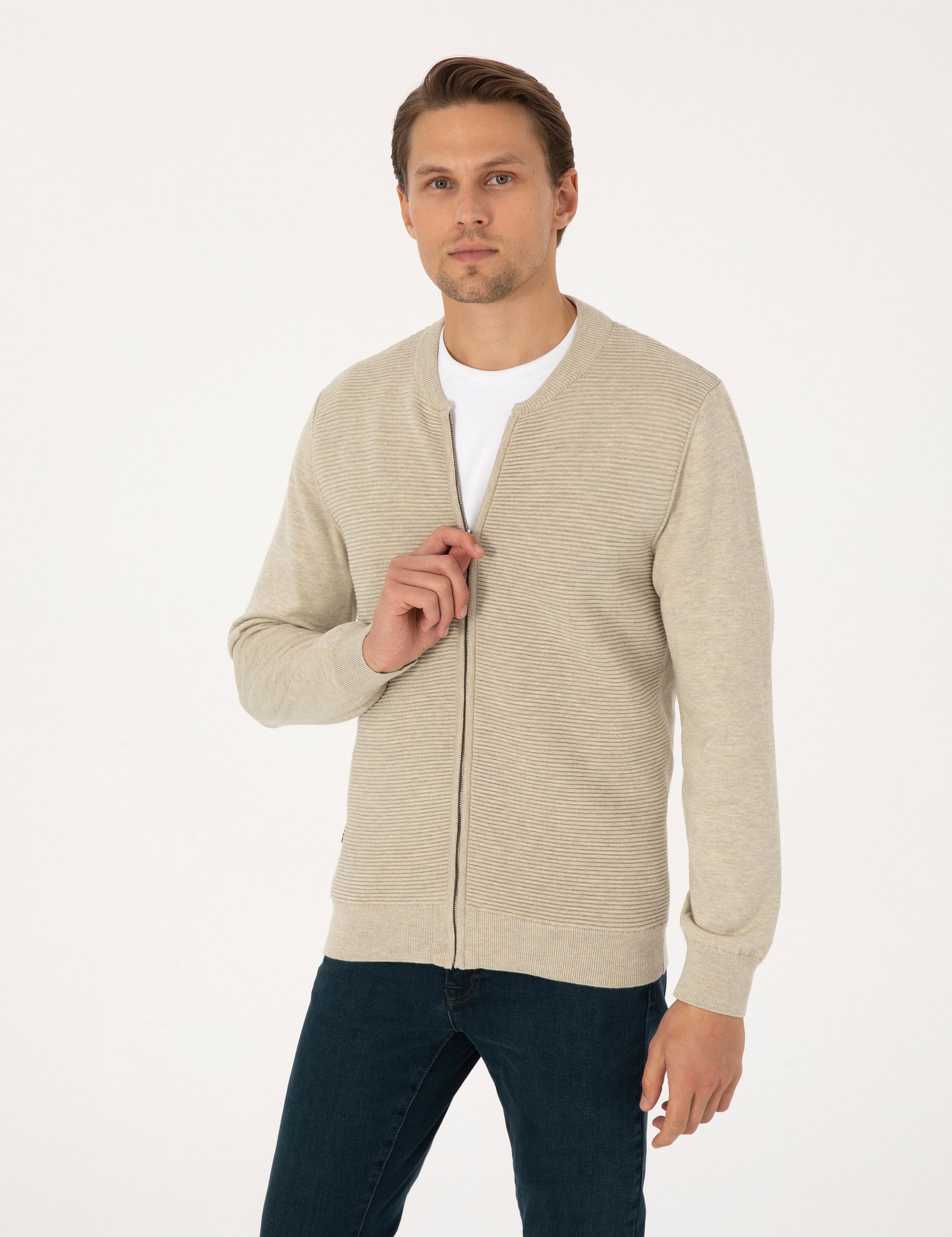 Kum Melanj Slim Fit Fermuarlı Triko Hırka