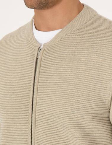 Kum Melanj Slim Fit Fermuarlı Triko Hırka