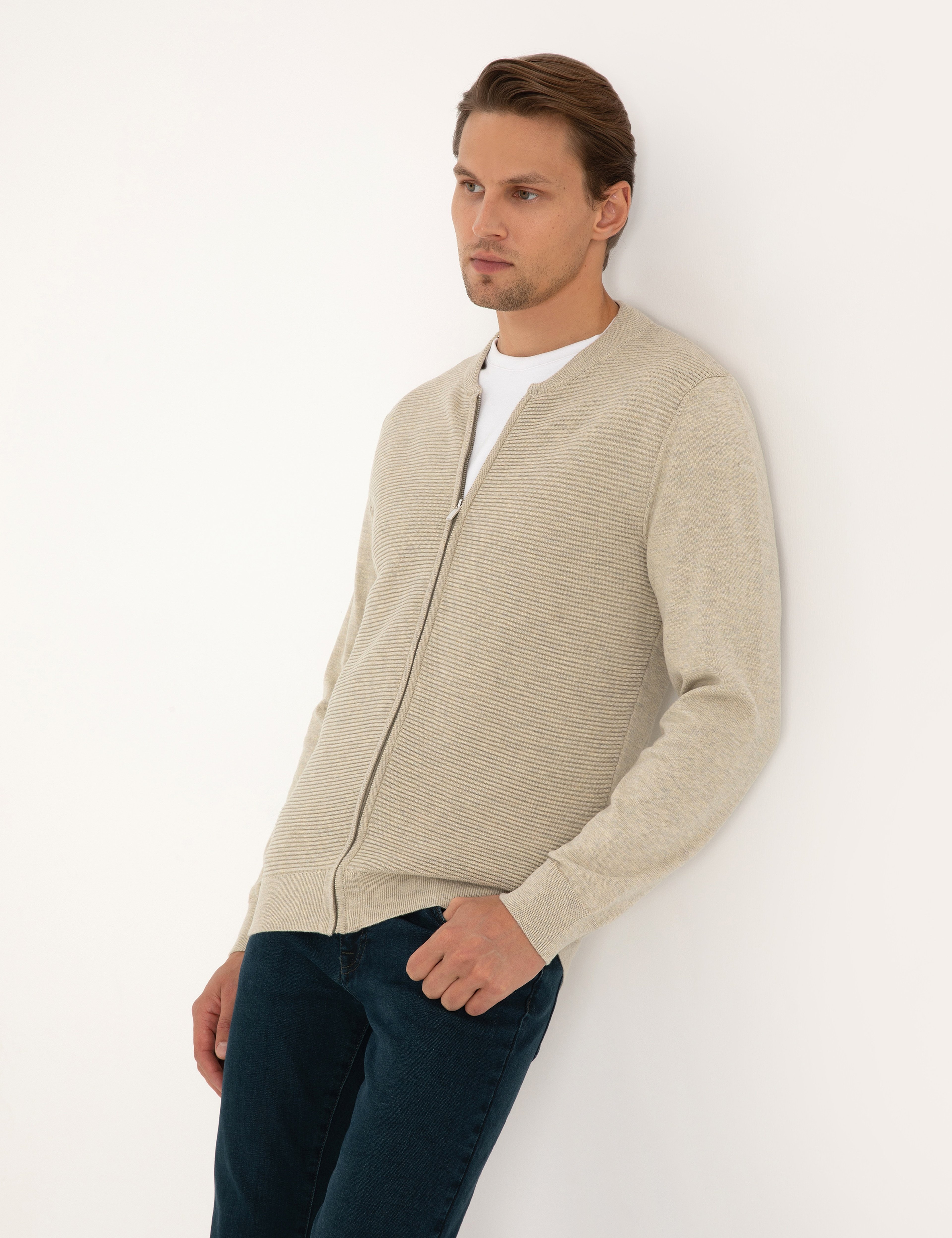 Kum Melanj Slim Fit Fermuarlı Triko Hırka