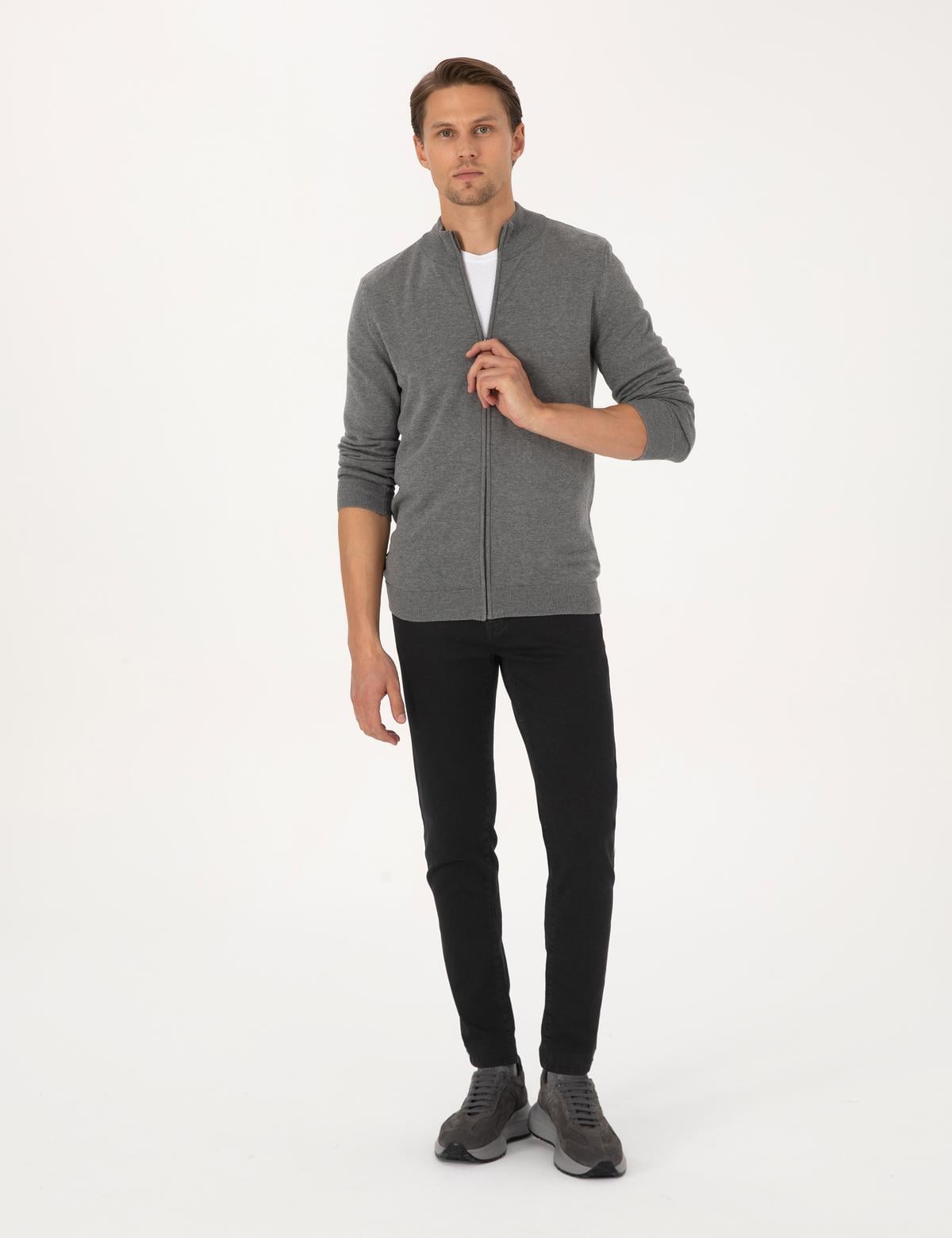 Gri Melanj Slim Fit Fermuarlı Triko Hırka - 50317409039