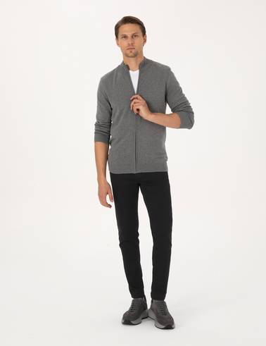 Gri Melanj Slim Fit Fermuarlı Triko Hırka