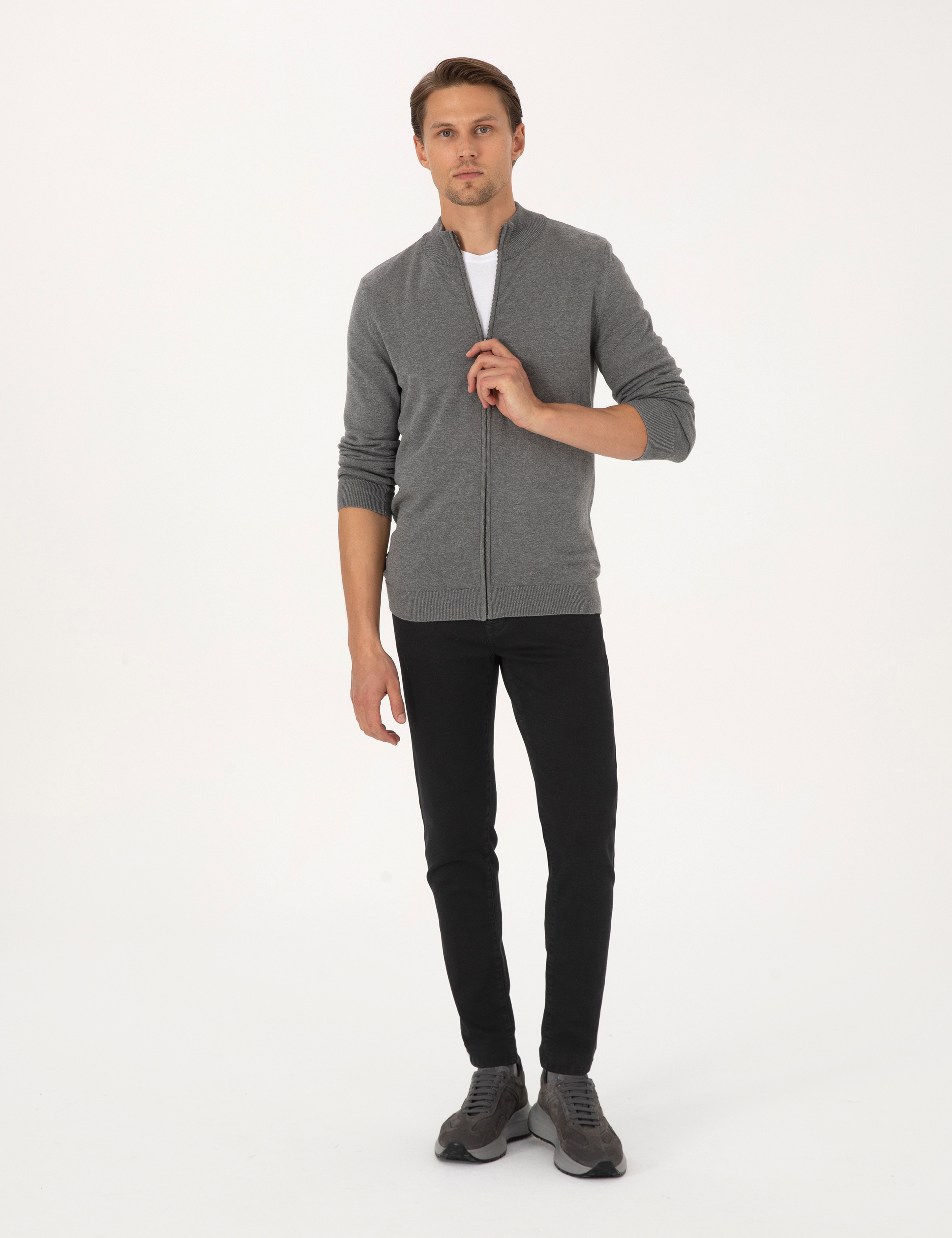 Gri Melanj Slim Fit Fermuarlı Triko Hırka