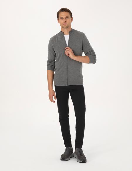 Gri Melanj Slim Fit Fermuarlı Triko Hırka - 50317409039