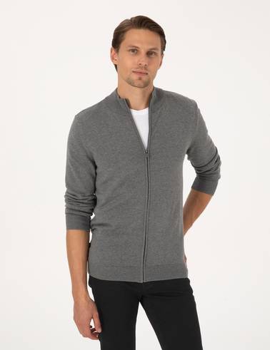 Gri Melanj Slim Fit Fermuarlı Triko Hırka
