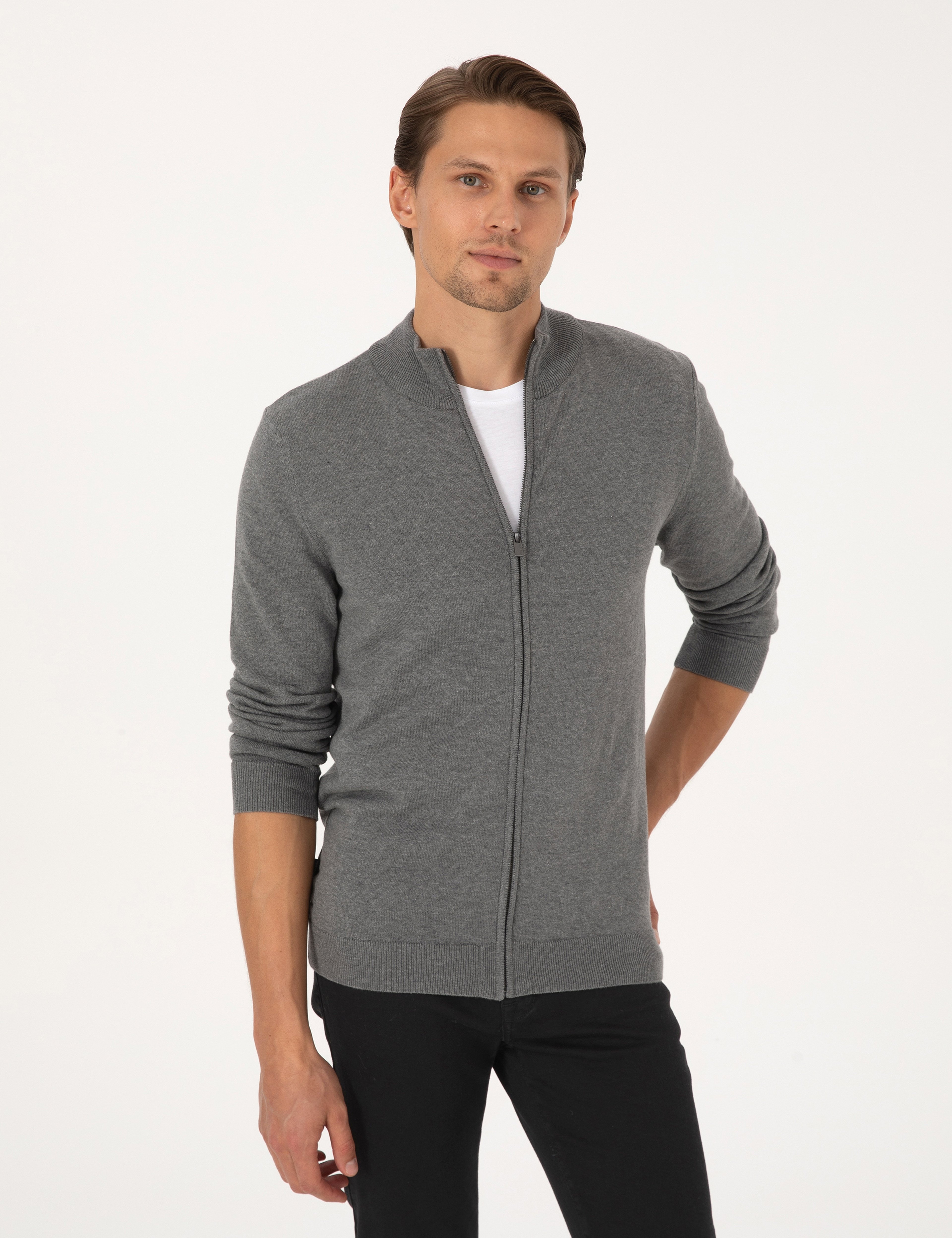 Gri Melanj Slim Fit Fermuarlı Triko Hırka