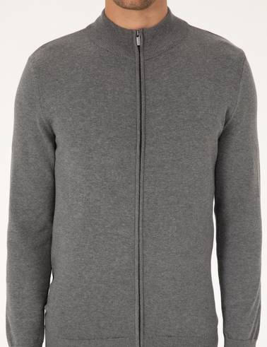 Gri Melanj Slim Fit Fermuarlı Triko Hırka