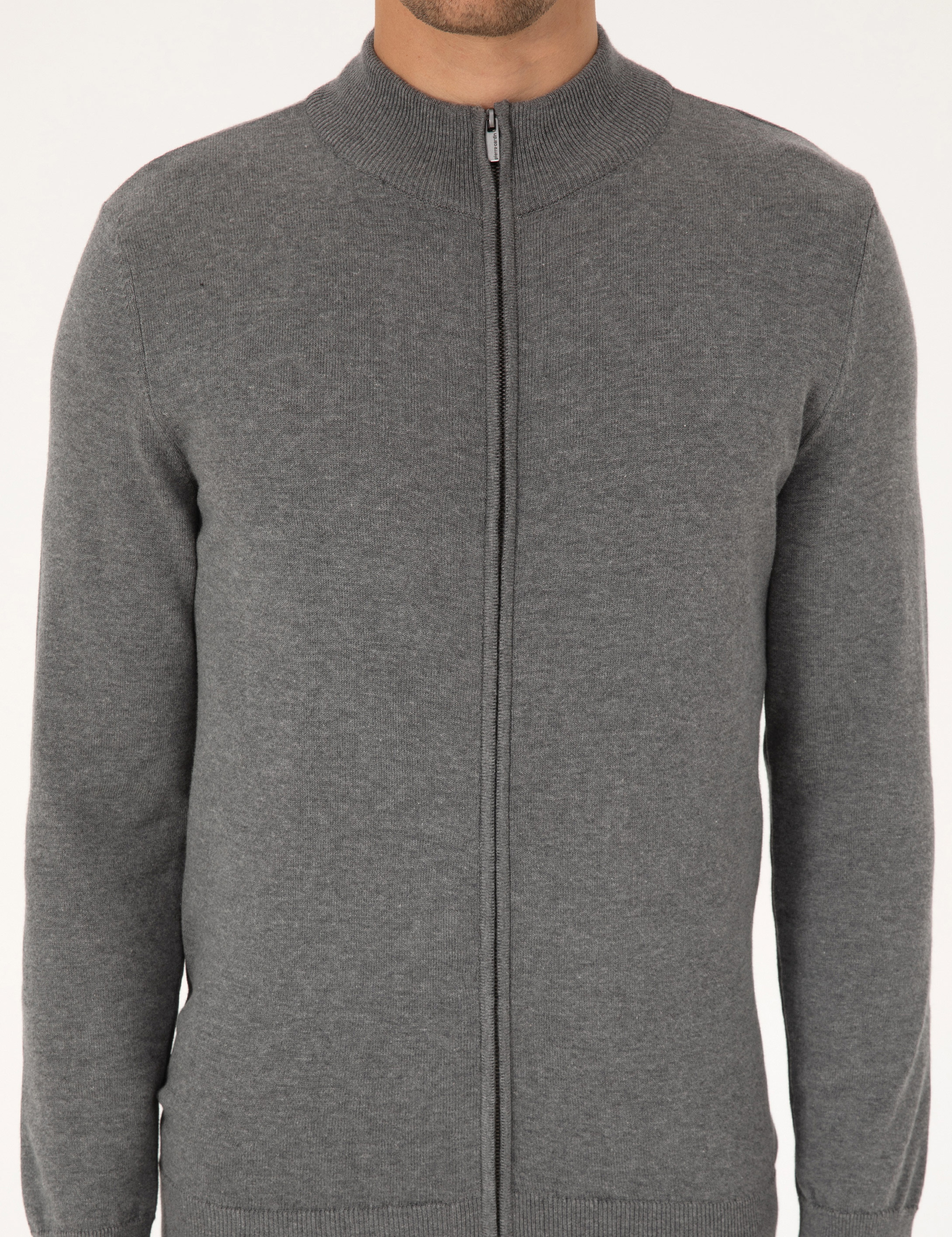 Gri Melanj Slim Fit Fermuarlı Triko Hırka - Image 6