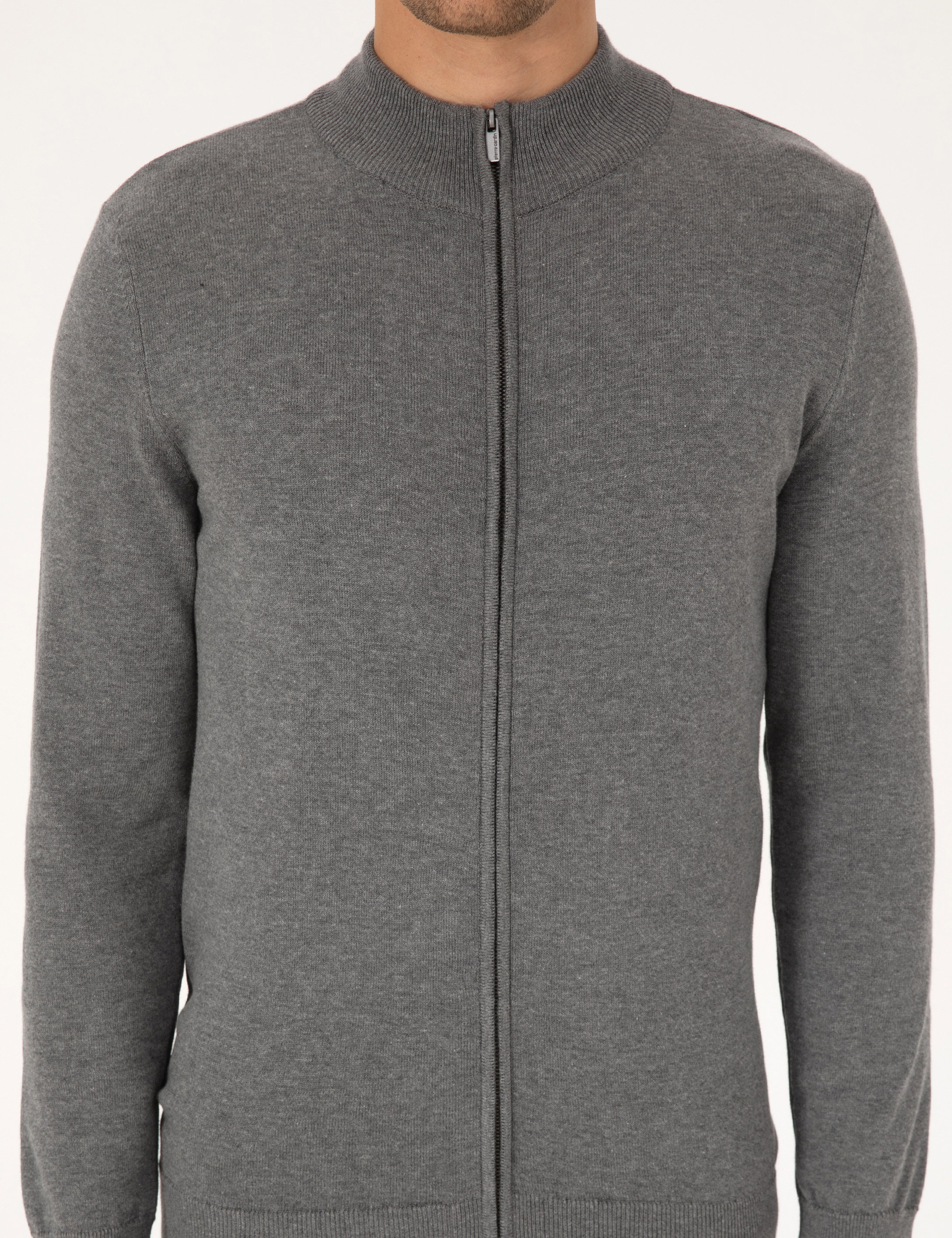 Gri Melanj Slim Fit Fermuarlı Triko Hırka