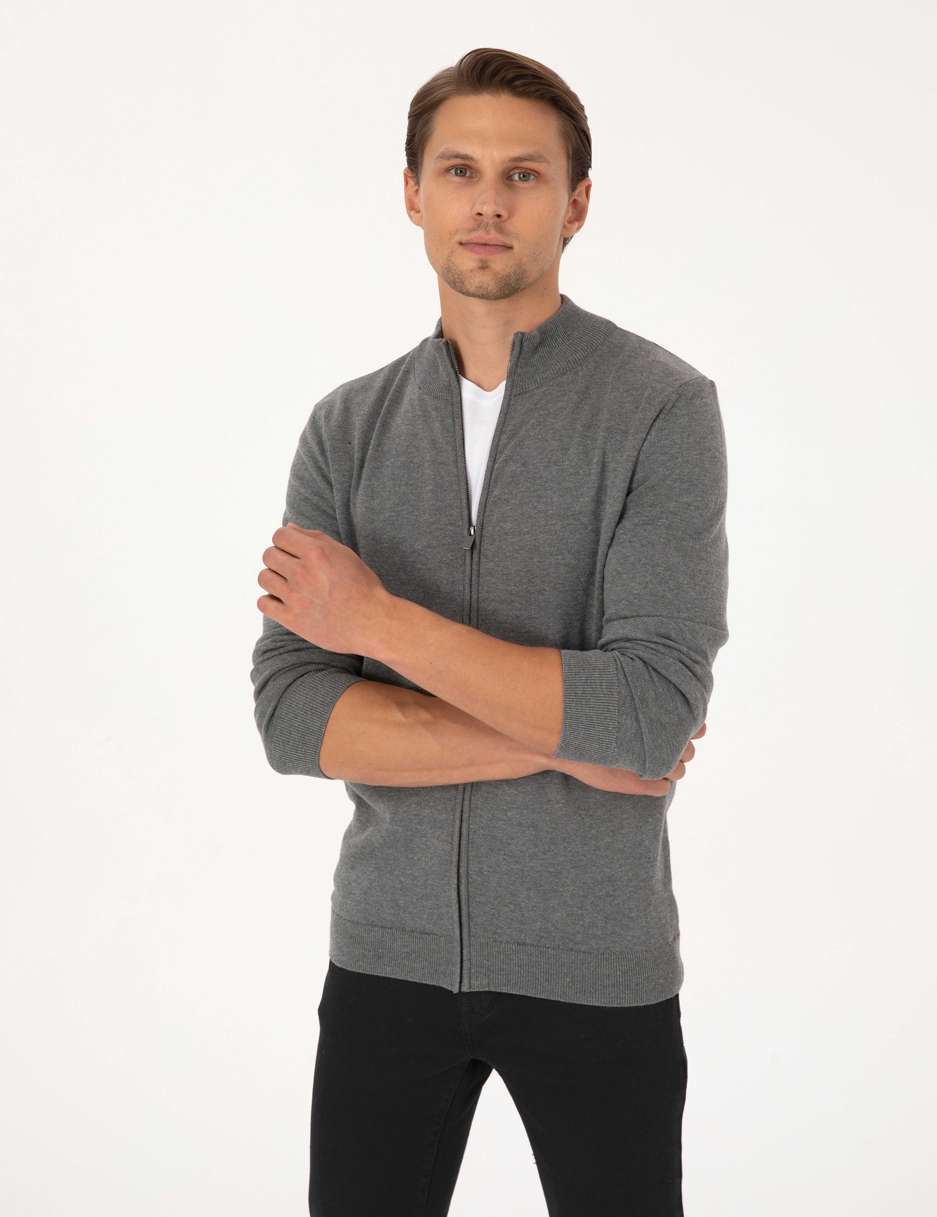 Gri Melanj Slim Fit Fermuarlı Triko Hırka - Image 1
