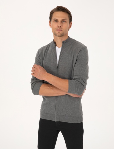 Gri Melanj Slim Fit Fermuarlı Triko Hırka