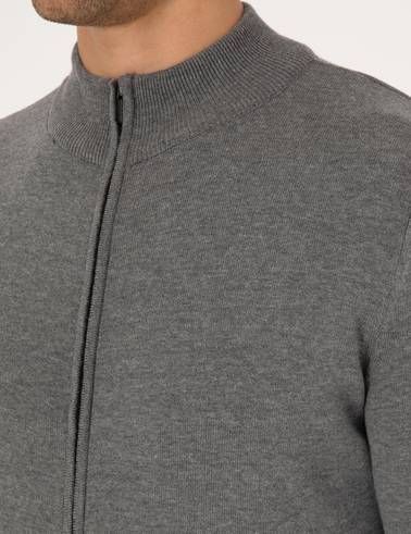Gri Melanj Slim Fit Fermuarlı Triko Hırka